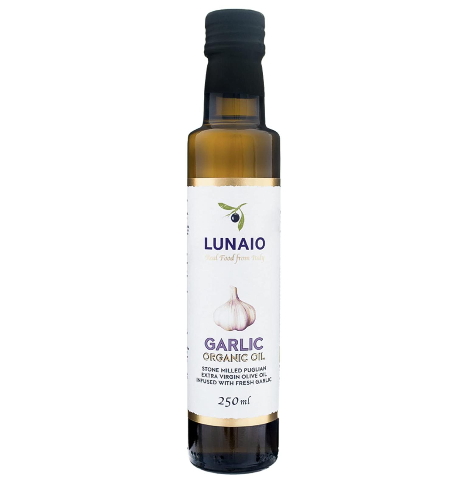 Lunaio Organic Garlic Oil 250ml - Fresh Garlic Infused With Extra Virgin Olive Oil - Produced in Puglia Italy - GMO Free Vegan Vegetarian And Gluten Free - Buy Online on GoSupps.com
