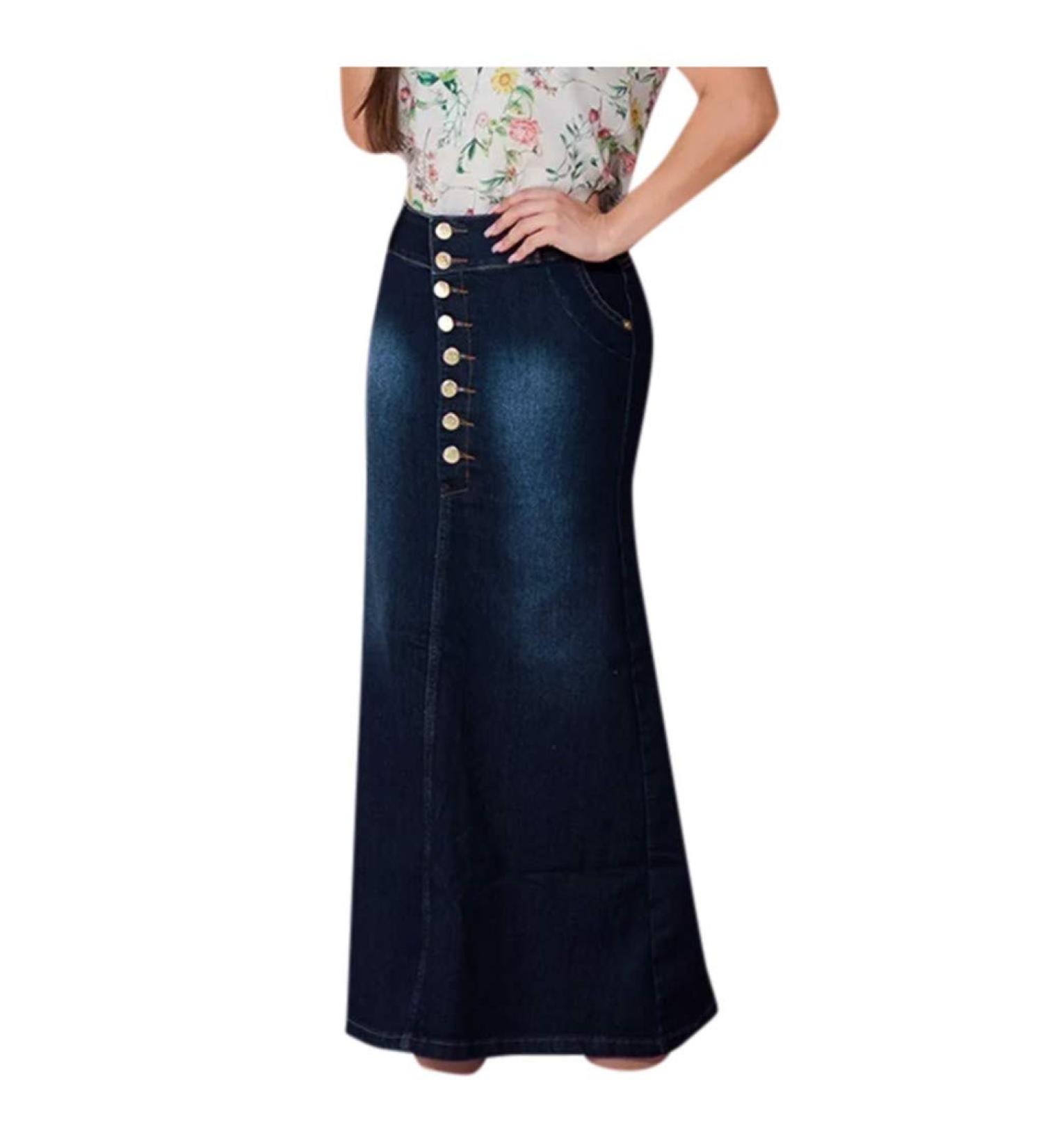 Sanahy Women's High Waist Washed Denim A-Line Skirt | Knee-Length Fishtail Style | 3XL | Dark Blue - Buy Online on GoSupps.com