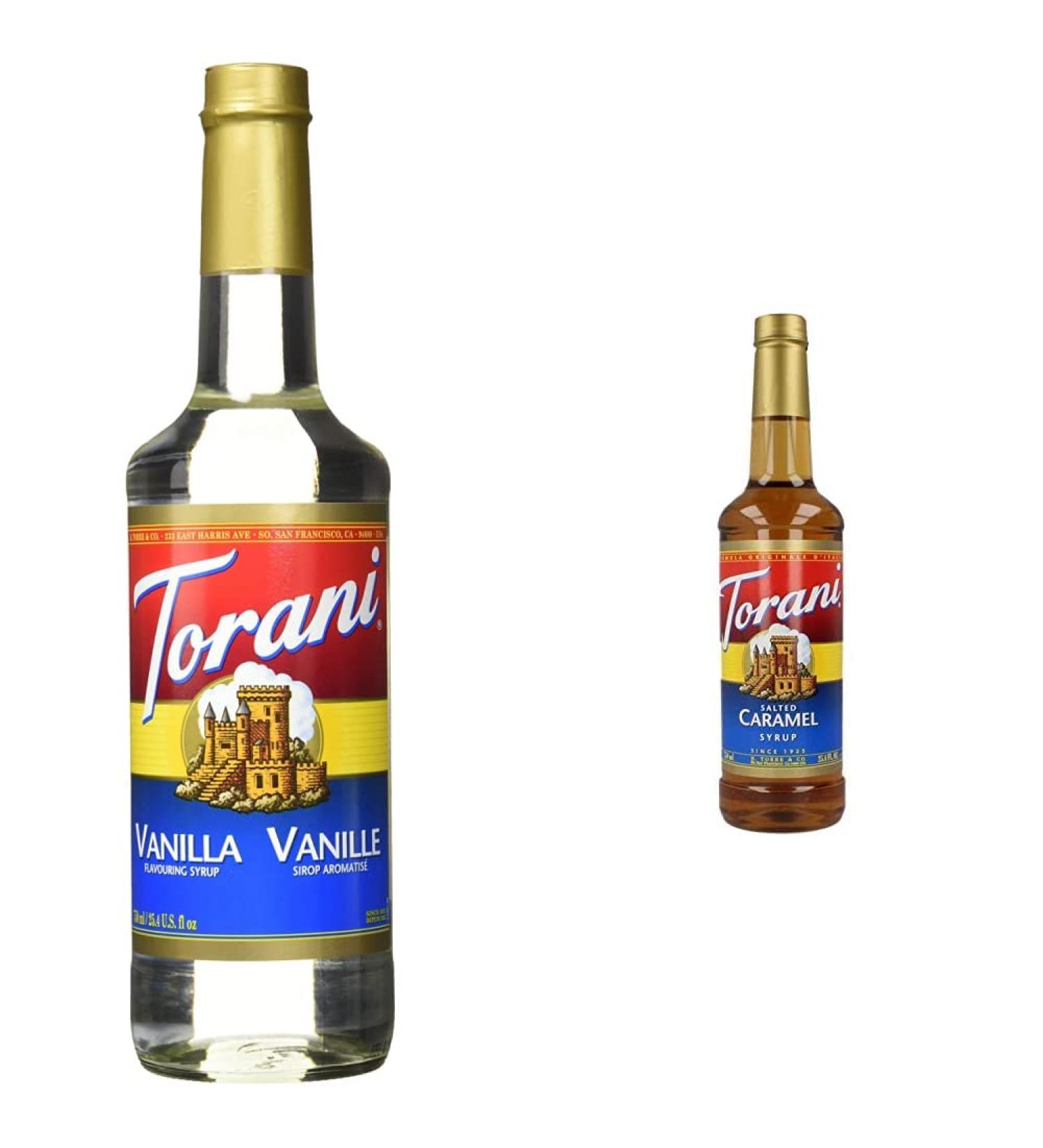 Torani Vanilla Coffee Syrups 0.75 L & Salted Caramel Flavour Syrup PET (Plastic) 750ml - Buy Online on GoSupps.com