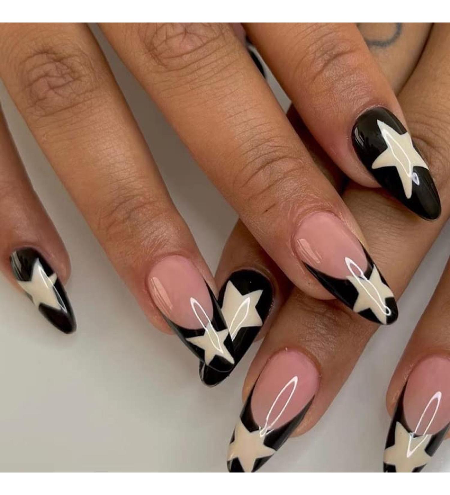 Black French Tip Almond Press on Nails - 24Pcs Medium Length Glossy False Nails with White Star Design for Women and Girls - Buy Online on GoSupps.com