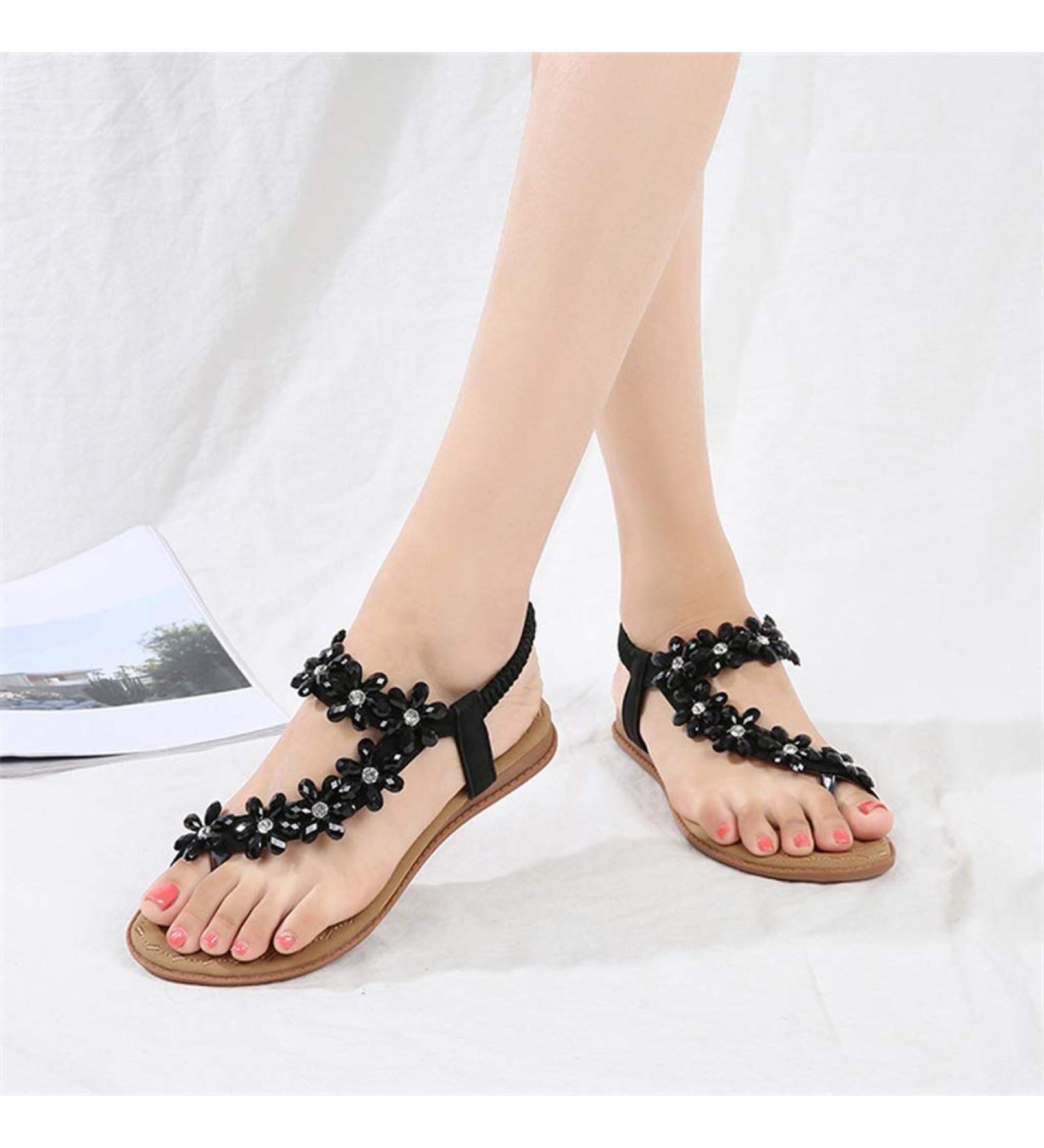Buy Summer Women's Flat Gladiator Sandals - Crystal Flower Casual Beach Flip Flops (Black Size 5 & 6) - International Shipping Available - Buy Online on GoSupps.com