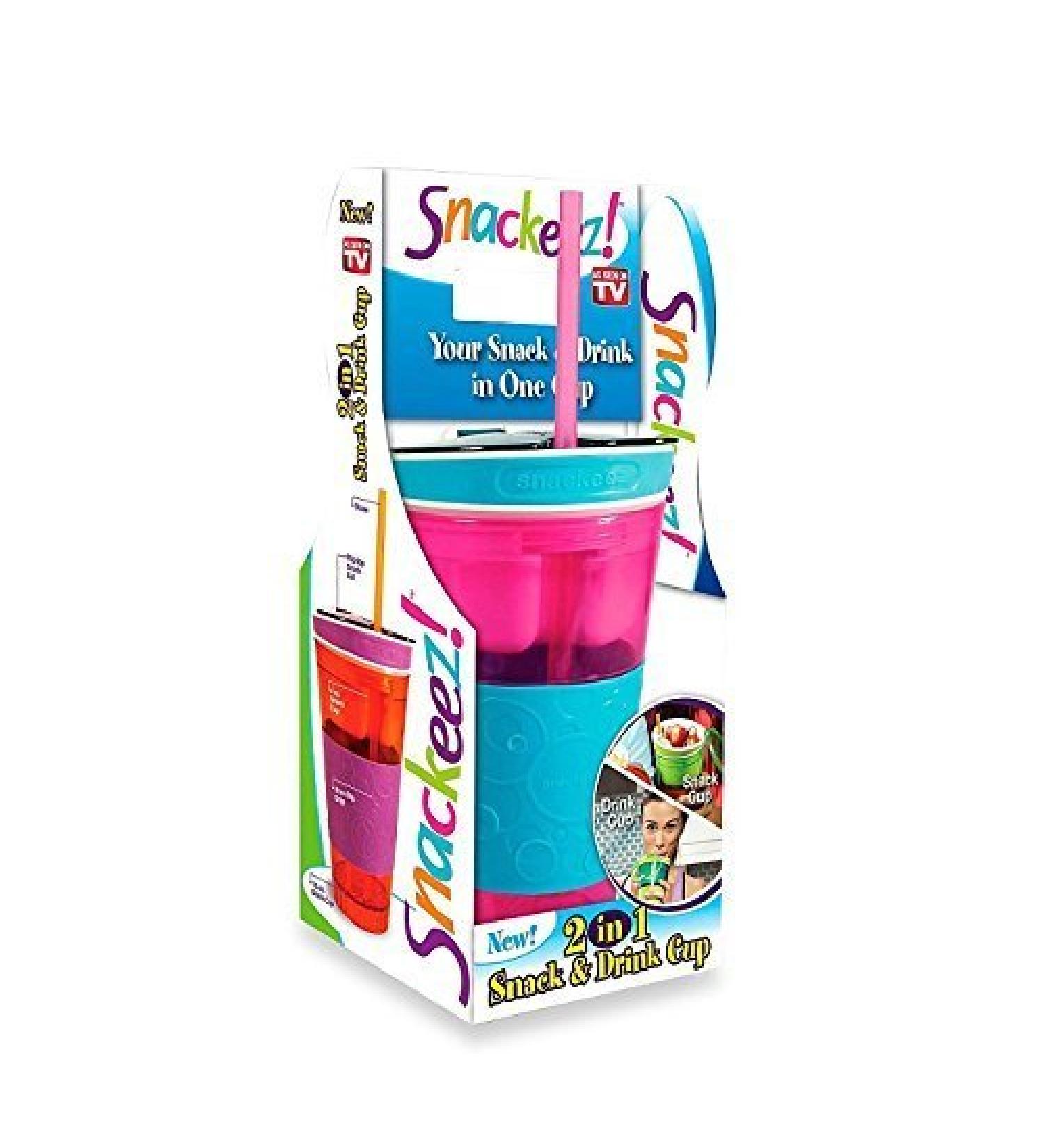 Snackeez Travel Cup Snack Drink in One Container 16oz (Pink/blue)