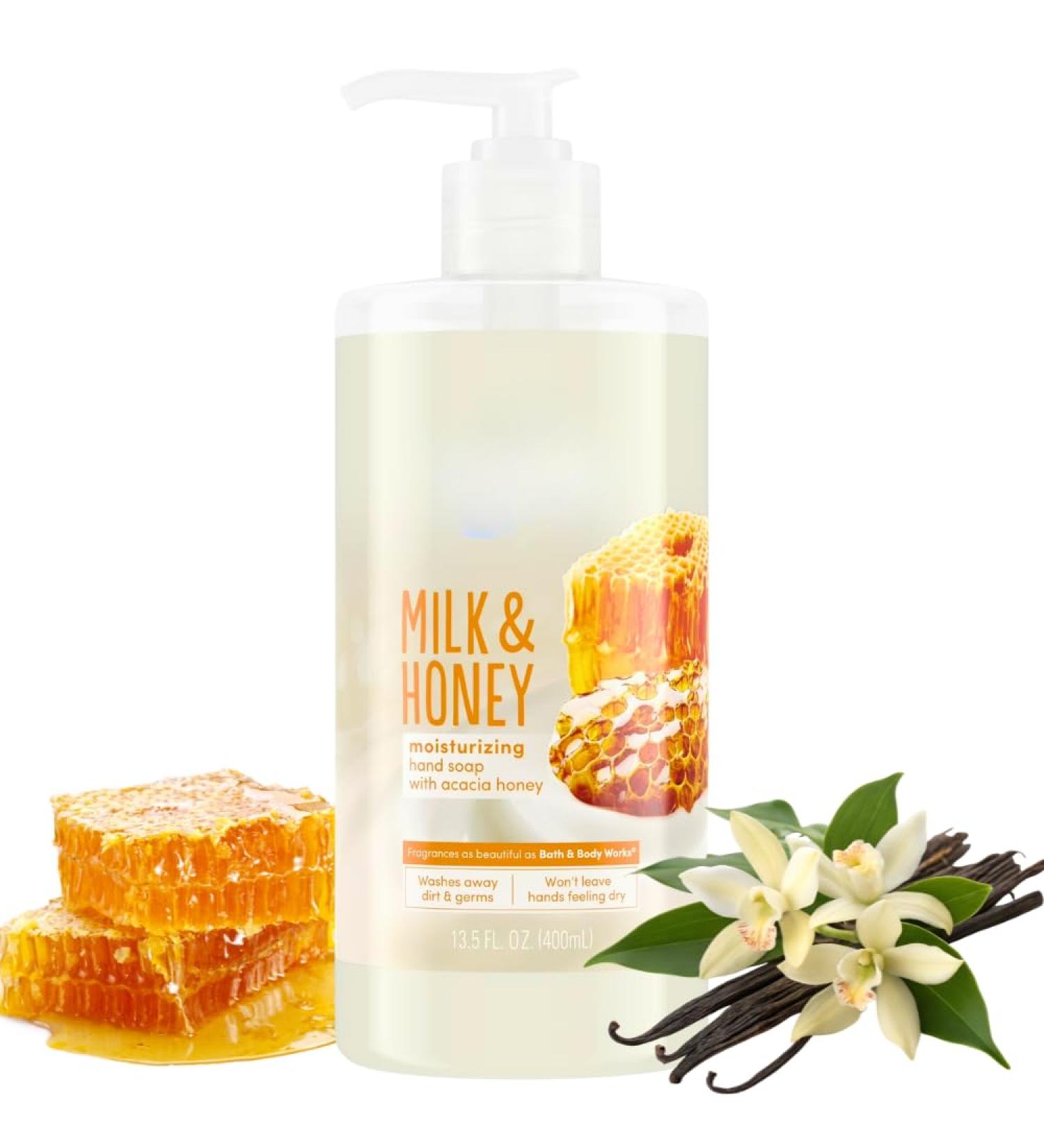Liquid Hand Soap with Milk and Honey Scent Everyday Handwashing Soap for Bathroom and Kitchen Sink Use Smooth Liquid Soap Compact Bottle 13.5 fl oz