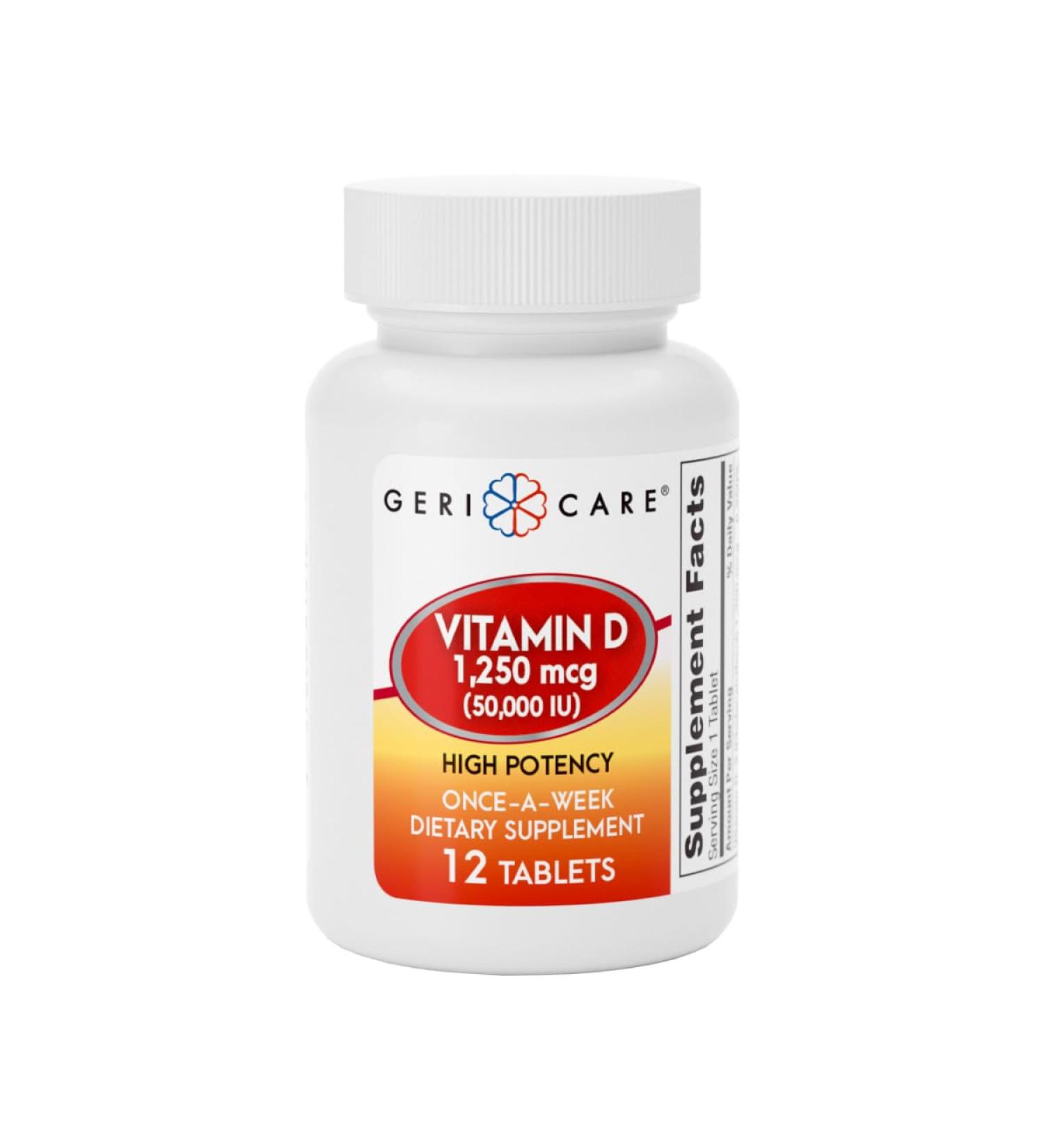 GeriCare Vitamin D 1,250mcg (50,000 IU) High Potency, Supports Bone Density, Muscle Health, Immune Function, and Calcium Absorption, Once-A-Week Dietary Supplement, 12 Count (Pack of 1) 12 Count (Pack of 1) Vitamin D 1,250mcg - Buy Online on GoSupps.com