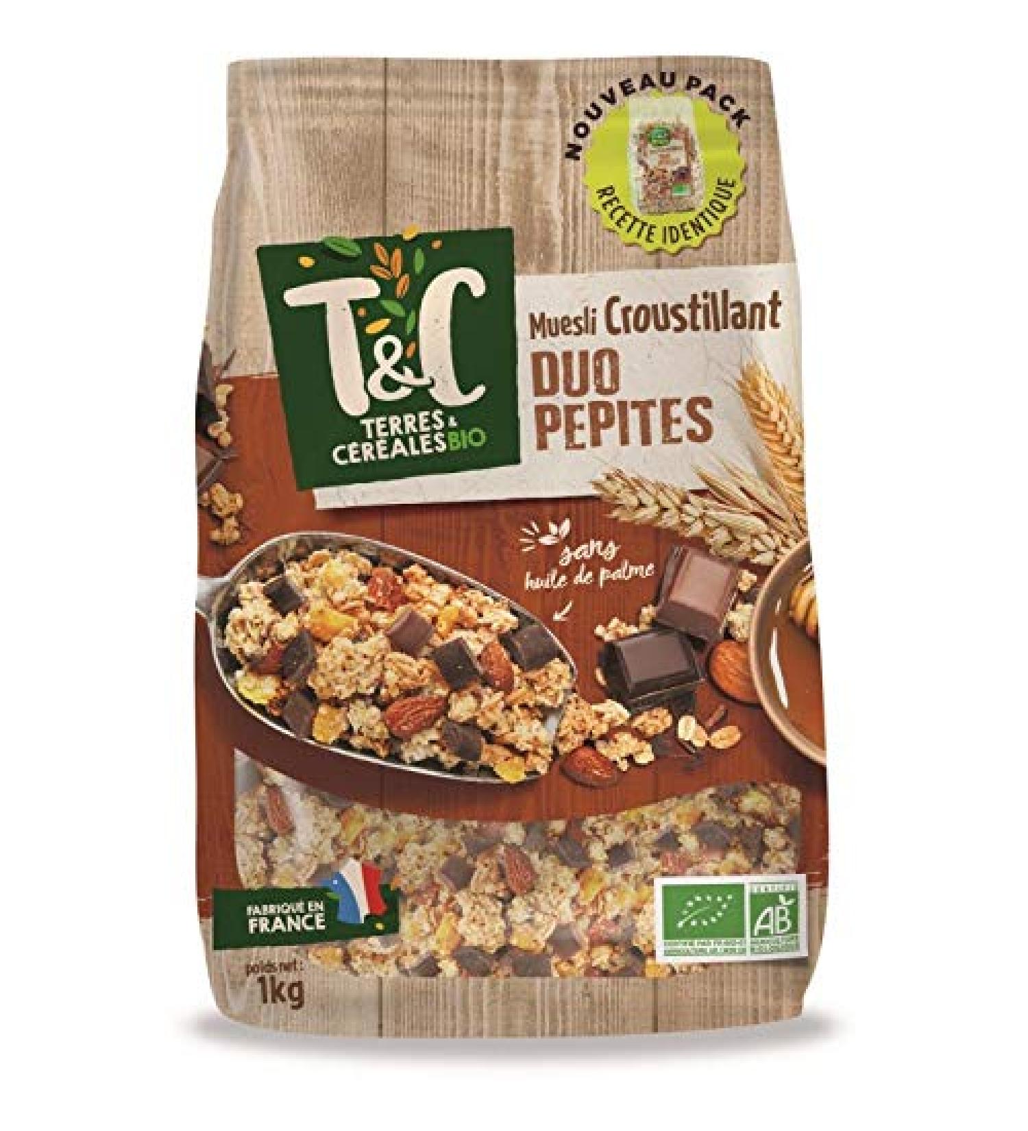 TERRES ET CEREALES - Muesli Croustillant Duo Pepites Bio 1Kg - Lot De 3