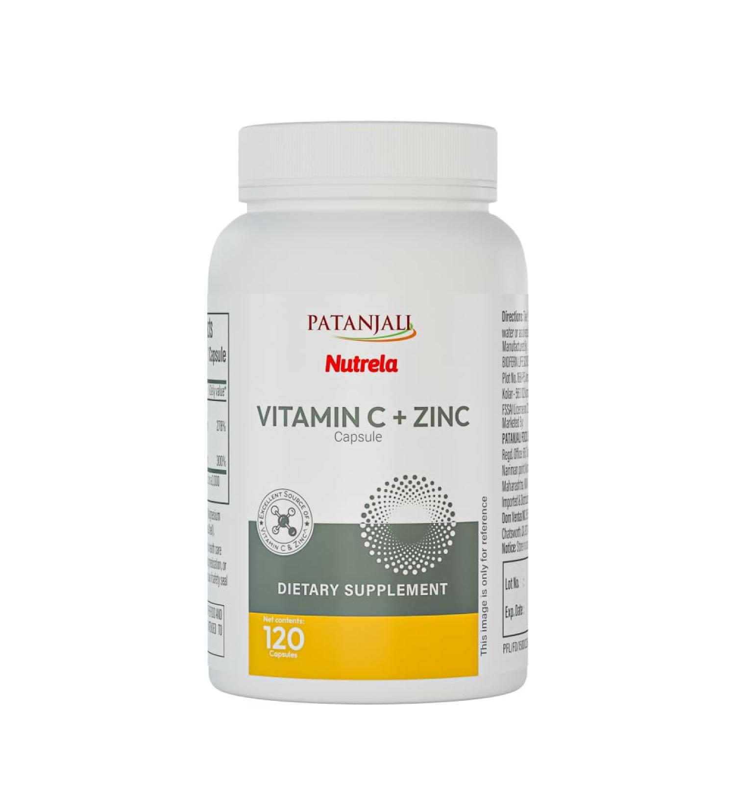 patanjali Nutrela Vitamin C + Zinc Capsules | Immune Support Supplement with Plant-Based Herbal Blend | Antioxidant & Immunity Booster for Adults | 120 Vegetarian Capsules - Buy Online on GoSupps.com