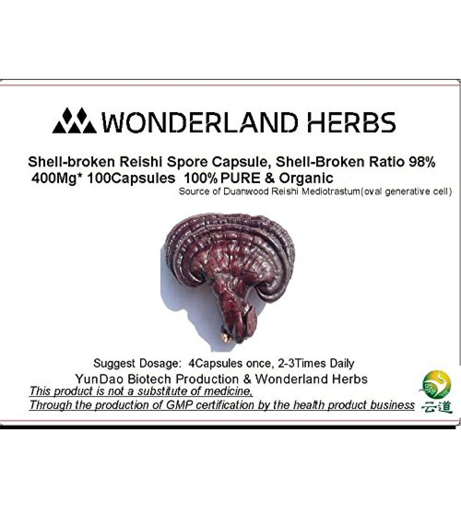 WonderLand Herbs Duan-Wood Shell-Broken 98% Reishi Spore 400Mg *100 Capsule /ganoderma lingzhi