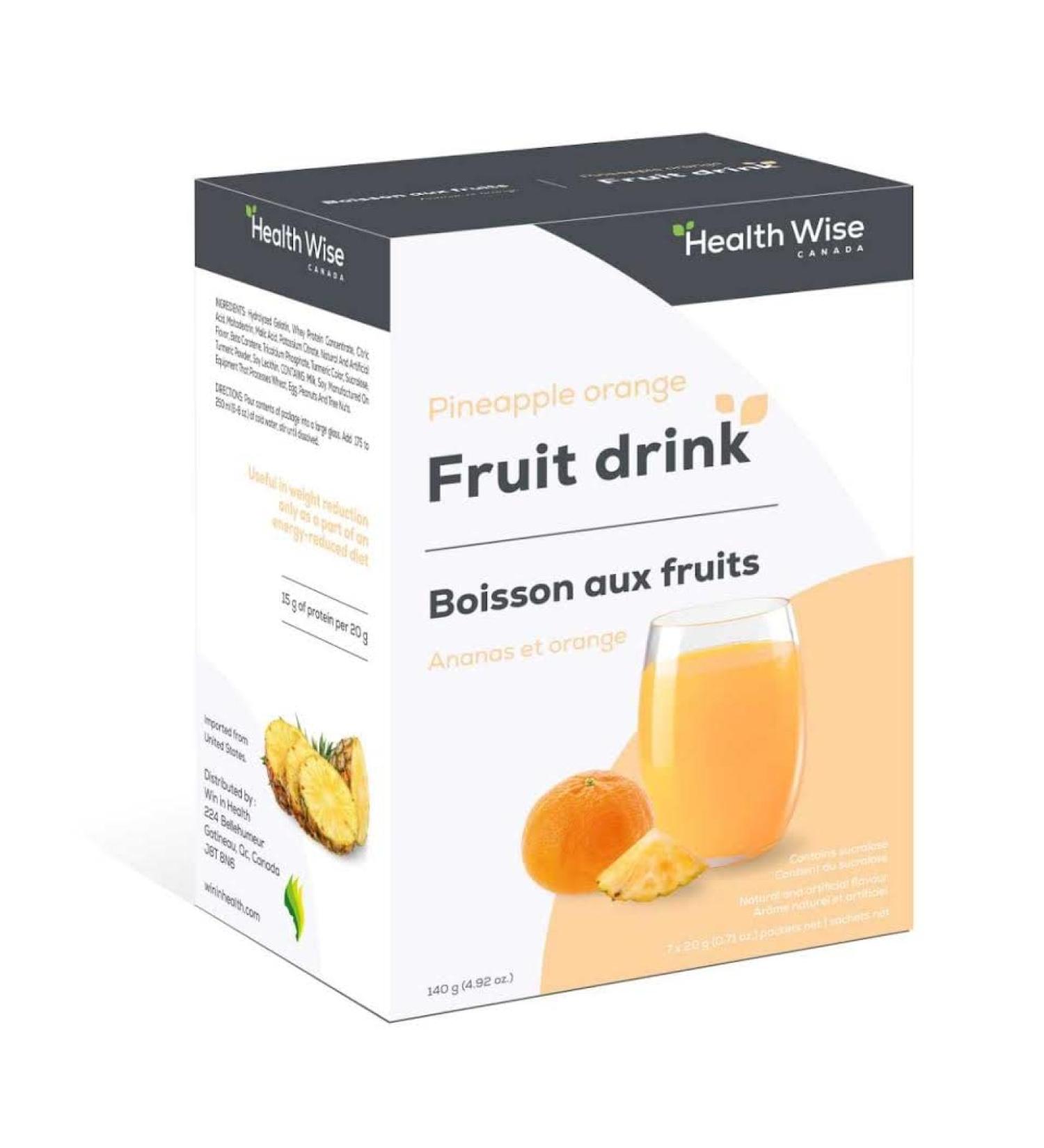 Health Wise Pineapple Orange Fruit Drink. 15g protein 7 packets