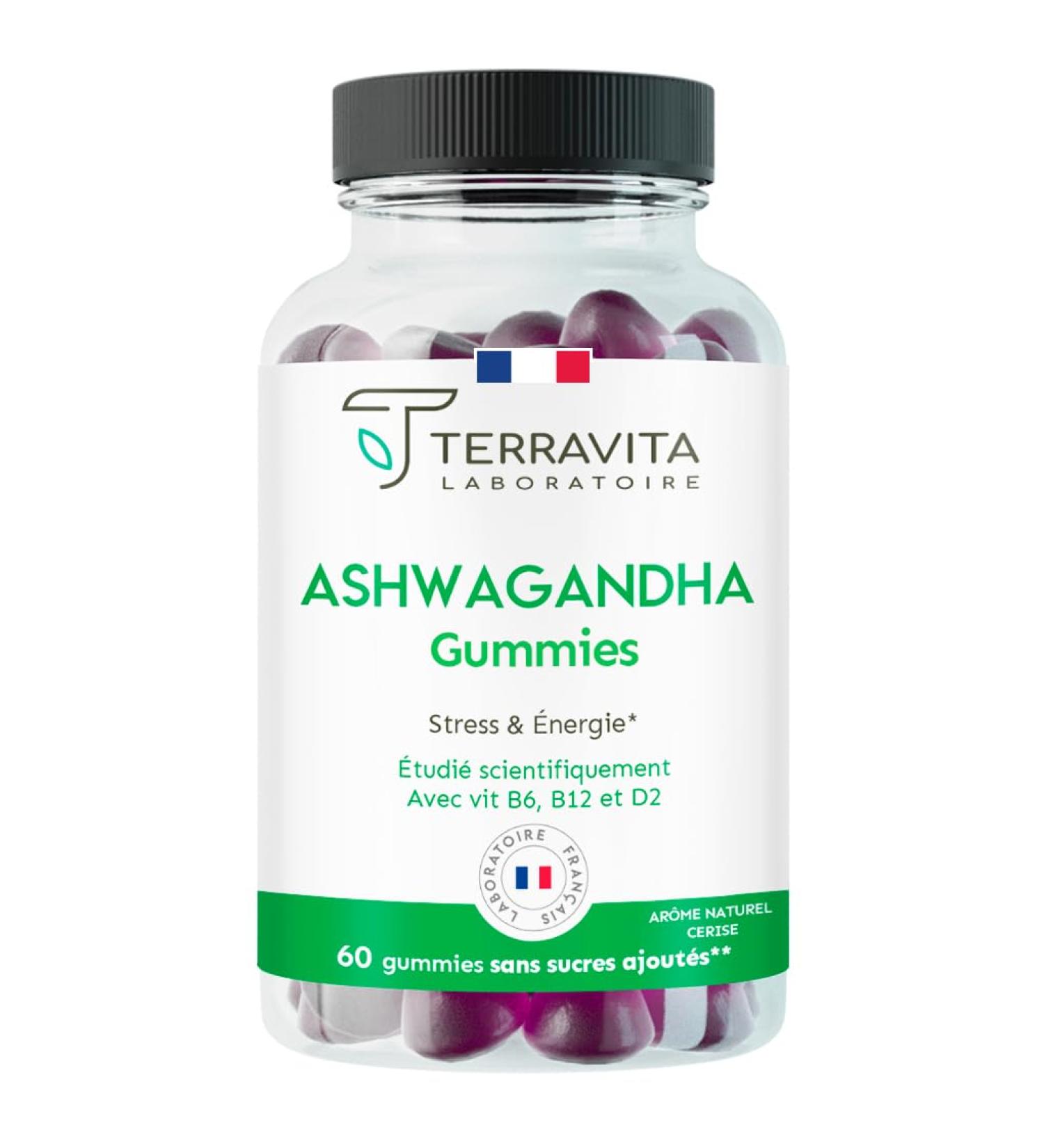Ashwagandha Gummies 600 mg | Anti-Stress - Sleep - Vitality | Ashwagandha Patented KSM-66 | -28% Cortisol in 2 Months | 60 Cherry Flavor Gummies | Vegan and Gelatin Free | Made in France | Terravita - Buy Online on GoSupps.com