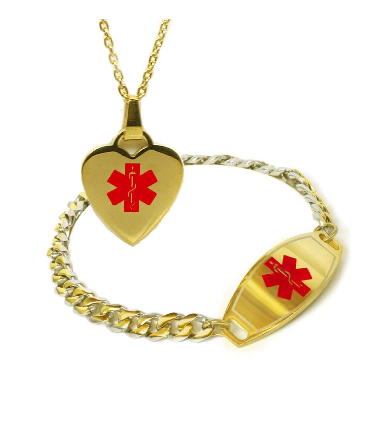 Custom Engraved Women's Medical ID Bracelet & Heart Necklace - Stainless Steel Red Curb Links 6.5in/16.5cm - Buy Online on GoSupps.com
