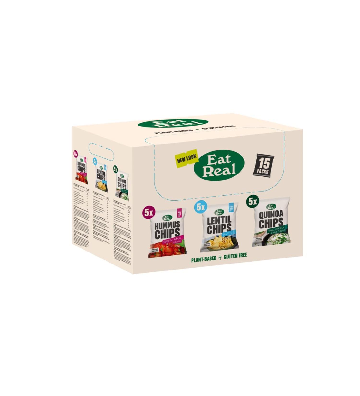 Eat real 15 Bag-Multibox 5 x 40g Sour Cream & Chive Quinoa Chips 5 x 40g Salted Lentil Chips 5 x 45g Tomato & Basil Hummus Chips Healthy Snacks Box - Buy Online on GoSupps.com