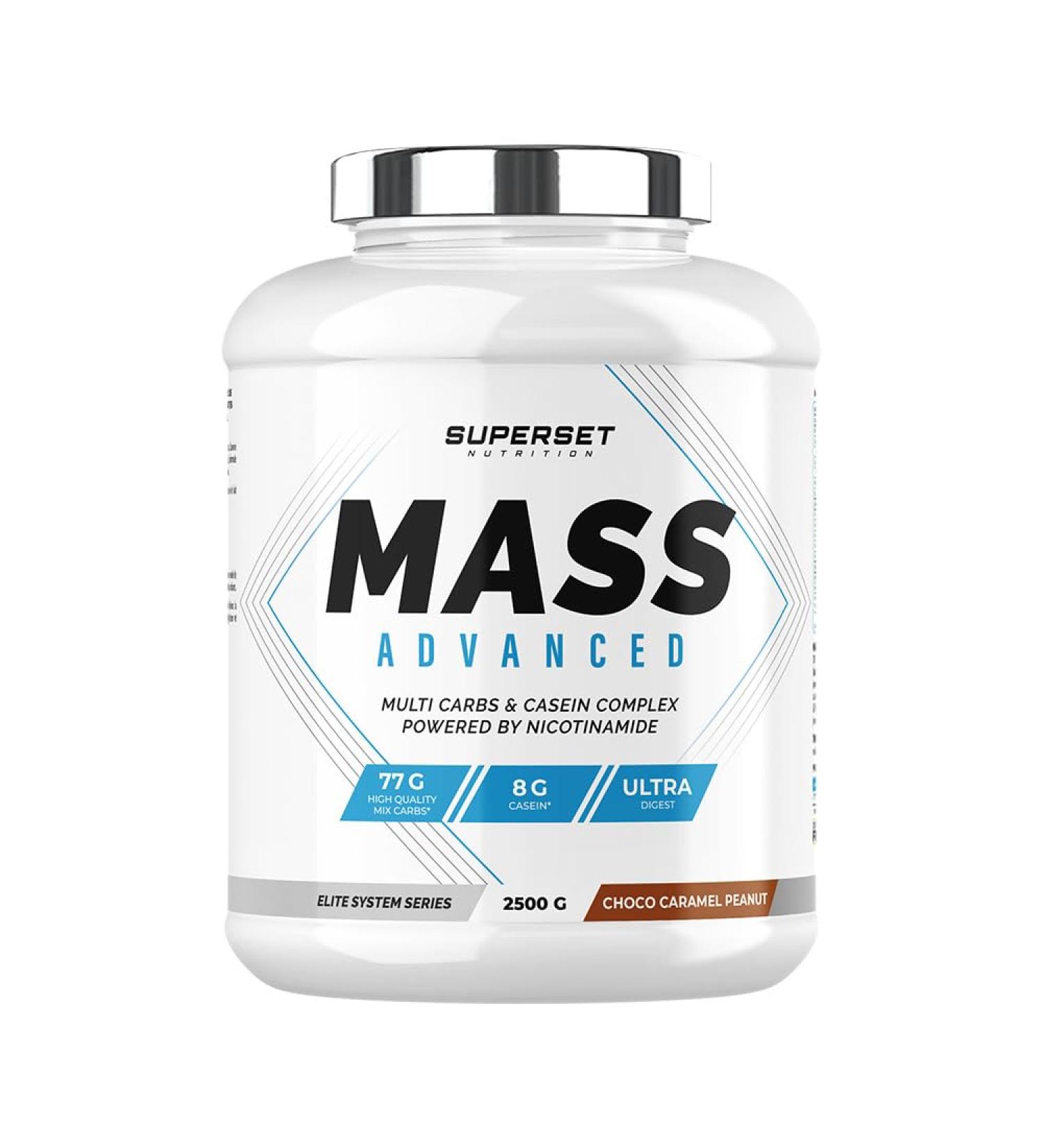  SUPERSET NUTRITION Superset Nutrition - Mass Advanced (2.5kg) - Gainer - Promotes muscle mass gain and recovery high calorie intake - Improved energy and digestion - Chocolate Caramel Peanut - Buy Online on GoSupps.com