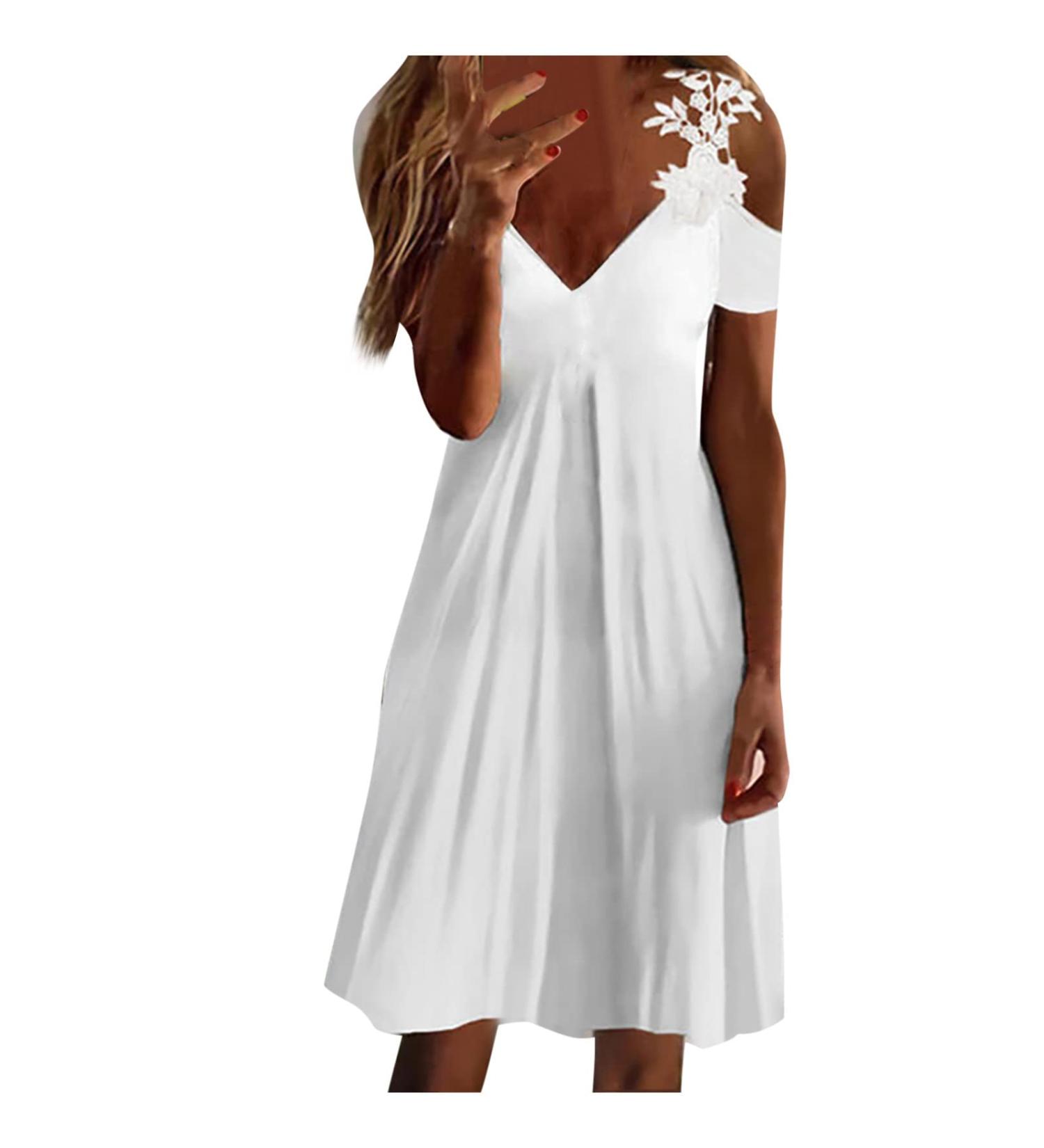 Women's White Feather Print Summer Dress with V Neck and Cold Shoulder - Size Large - Buy Online on GoSupps.com