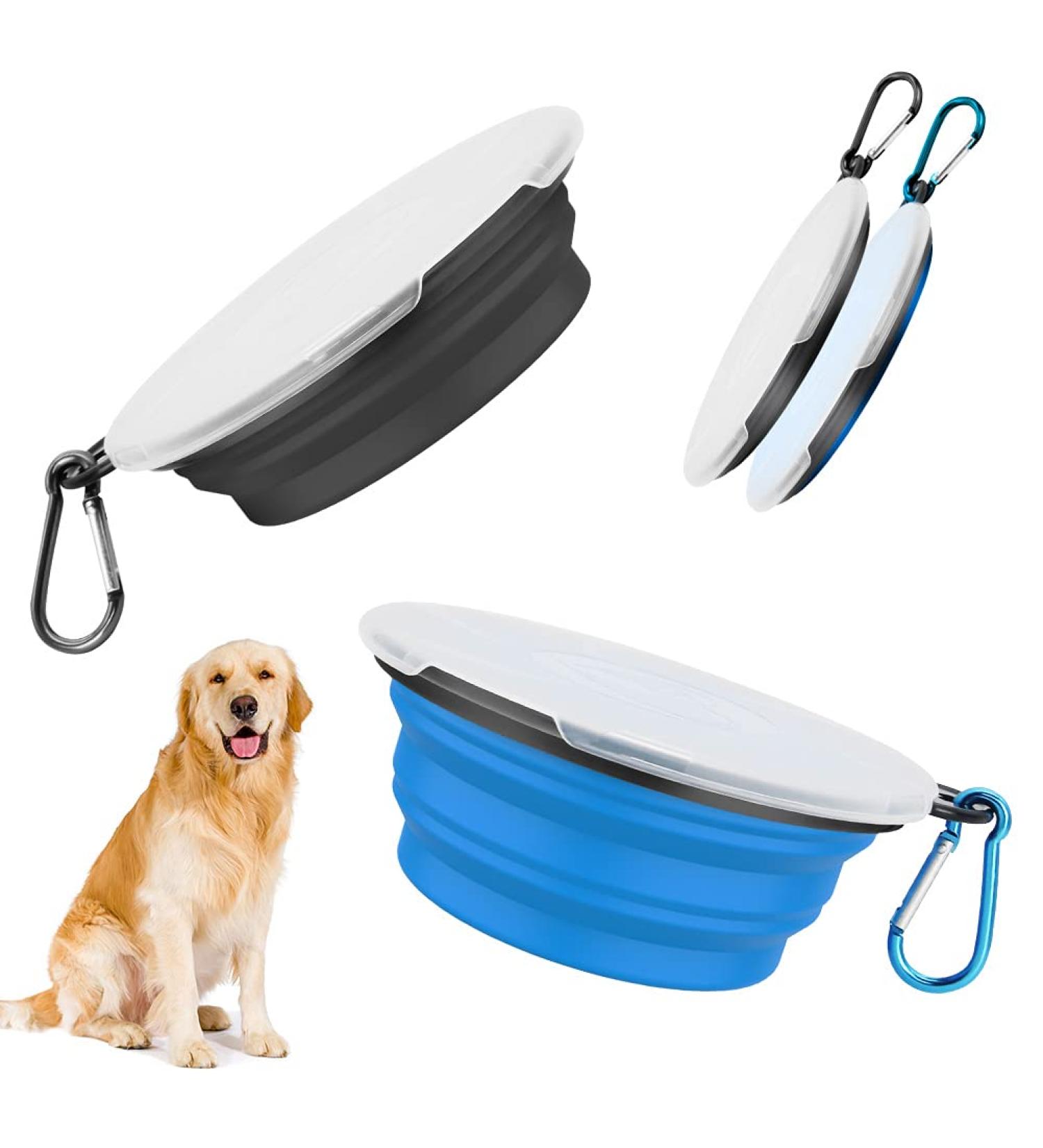 Foldable Travel Dog Bowls - 2 Pack Portable Silicone Feeding Bowls with Lids & Hooks - Ideal for Dogs & Cats on Hikes & Camping (Large Black & Blue) - Buy Online on GoSupps.com