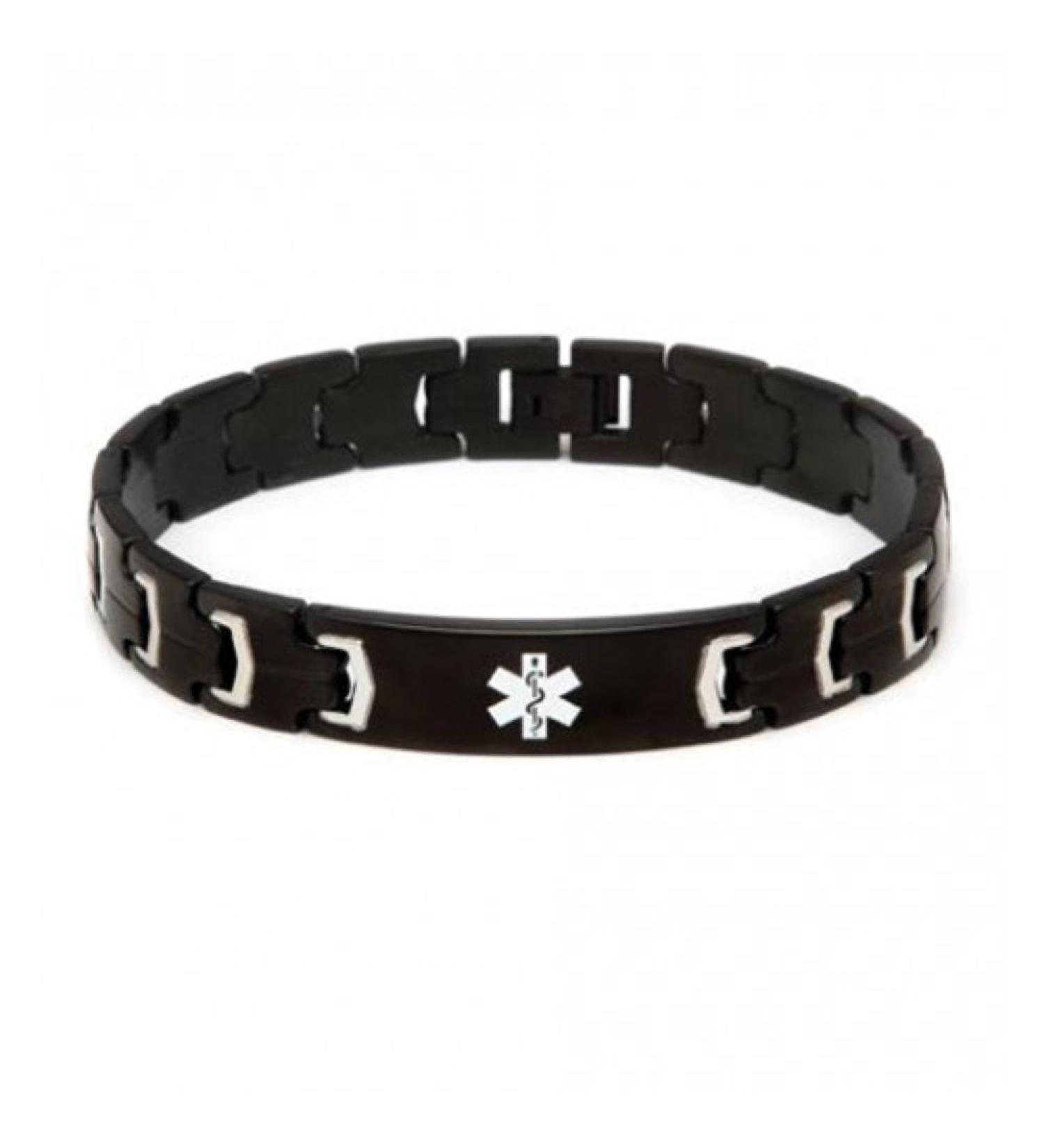 Medical Alert Id Black Stainless Steel Link Bracelet (Diabetes)