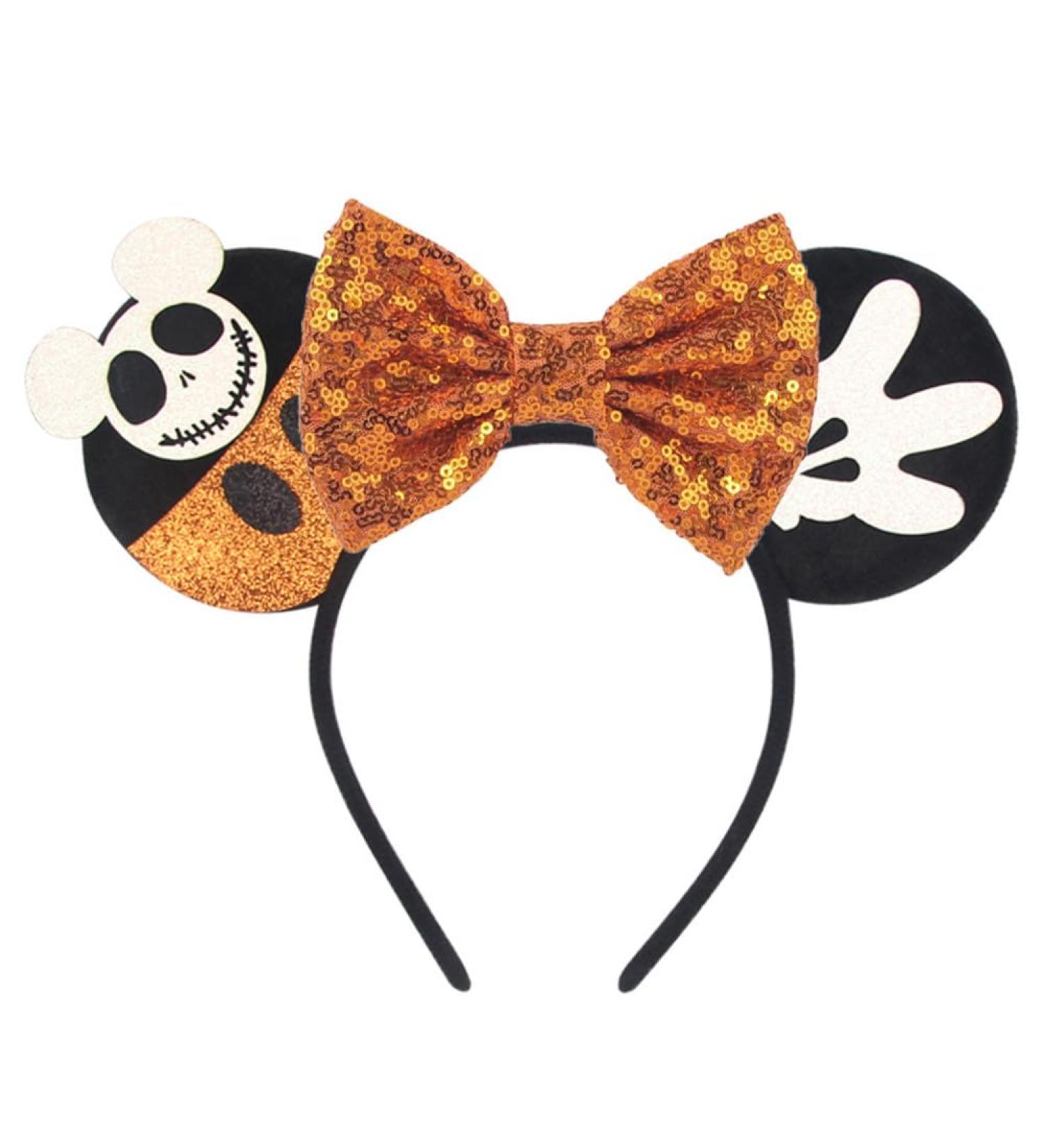 Kiddale Halloween Mouse Ear Headband for Women Girls Orange Bow Skull Hair Hoop Headwear Headdress for Halloween Party Cosplay Decoration - Buy Online on GoSupps.com