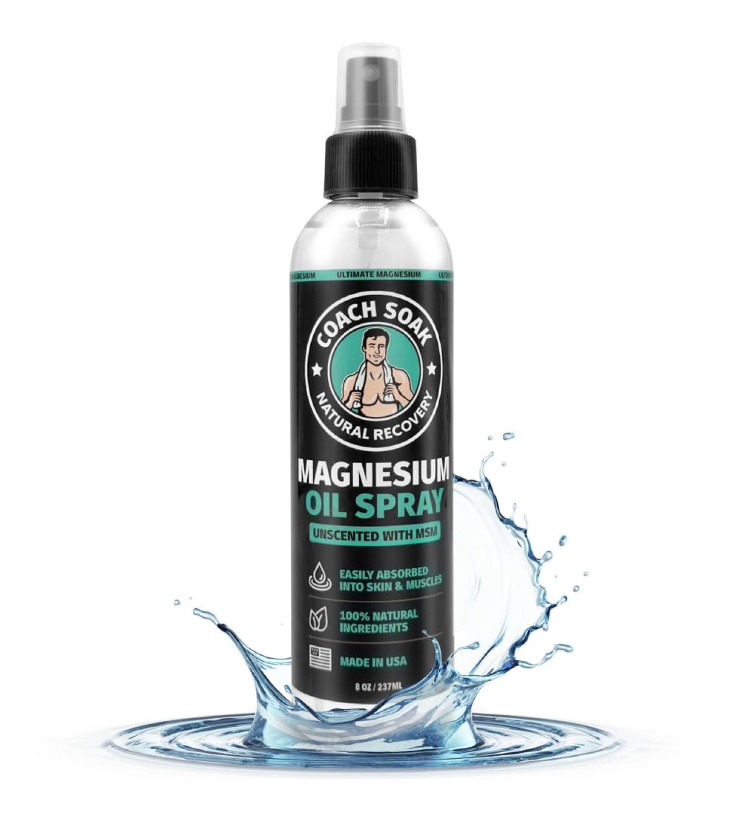 Coach Soak Magnesium Oil Spray with MSM - 8oz Extra Magnesium Chloride Strength 100% Pure Topical Spray for Feet & Body Unscented - Made in USA 8 Fl Oz (Pack of 1) - Buy Online on GoSupps.com