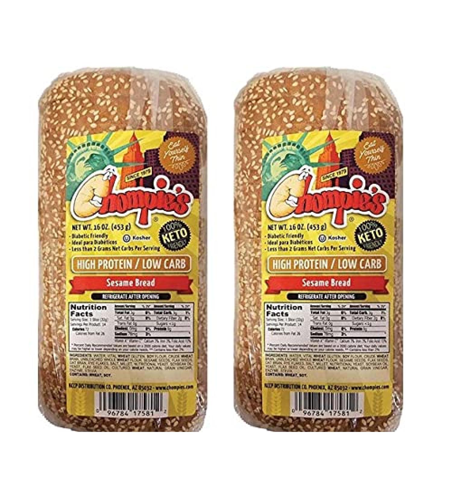 Chompies Sesame High Protein/Low Carb Bread - Kosher, Reduced Sugar, Diabetic & Keto Friendly - 9g Protein, 3g Fiber - (2) 16 oz Loaves, 1 lb each - Pack of 2 - Buy Online on GoSupps.com