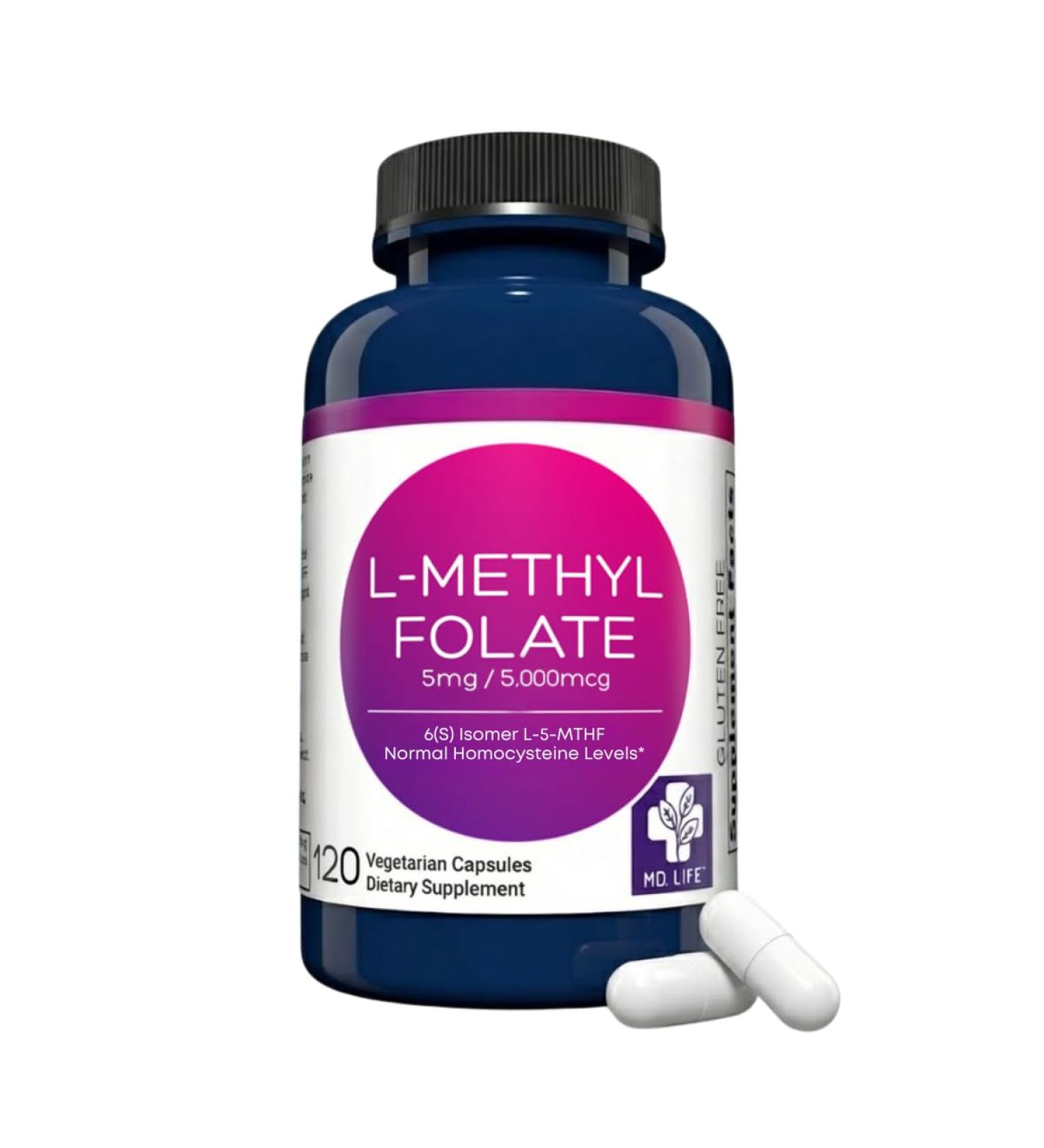 MD Life L-Methylfolate 5 mg Supplement - Professional-Grade Active L Methylfolate Supplement - 120 Capsules - L-Methylfolate 5mg - Maximum Potency MTHFR W/Essential Amino Acids 5mg (Pack of 120) - Buy Online on GoSupps.com