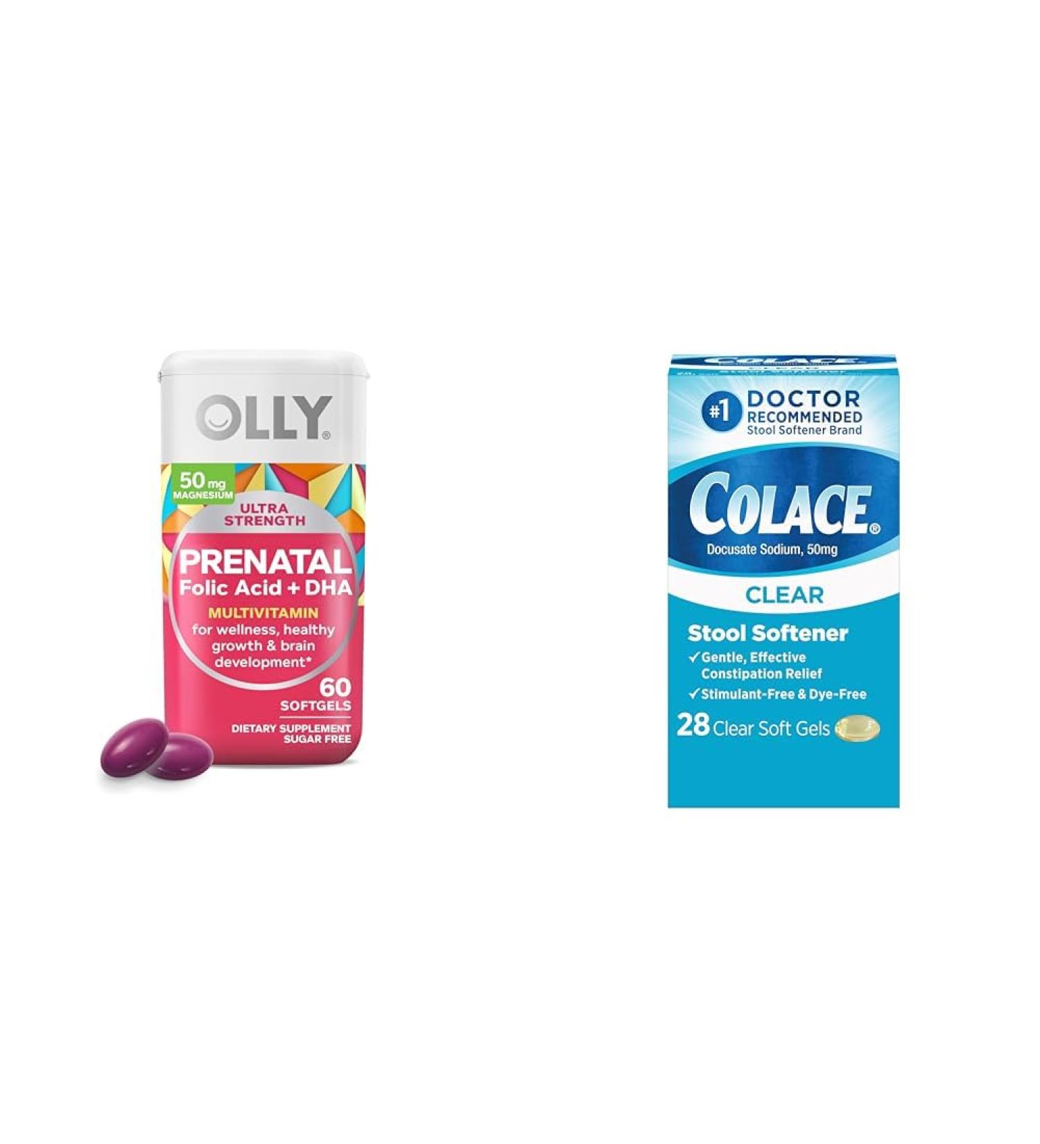 OLLY Ultra Strength Prenatal Multivitamin Softgels with Brain Development Support + Colace Clear Stool Softener Capsules 28 Count - Buy Online on GoSupps.com