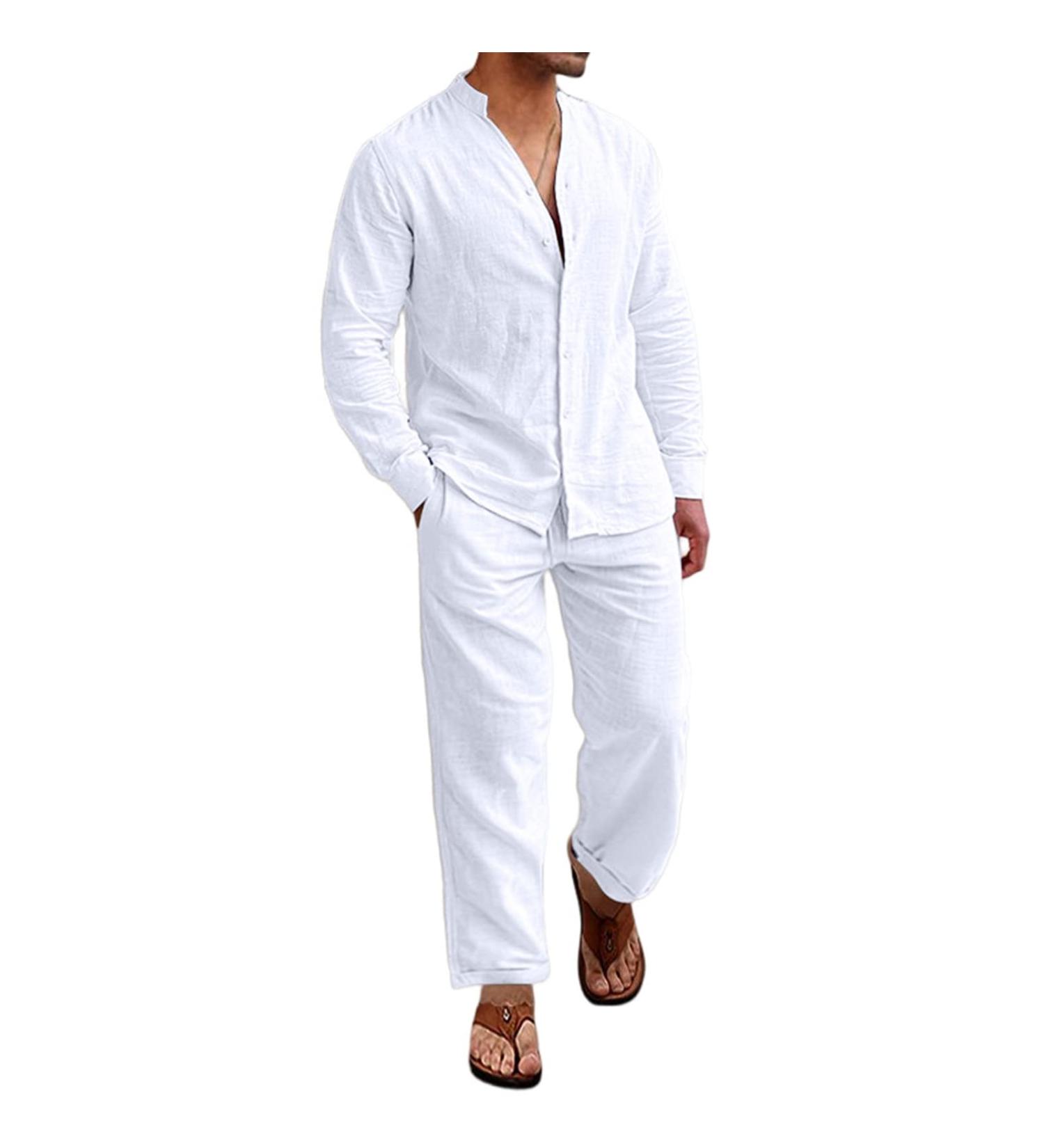 CTU Men's Linen Beach Set: Long Sleeve V-Neck Shirt & Yoga Pant, White - Summer Vacation Essential - Buy Online on GoSupps.com