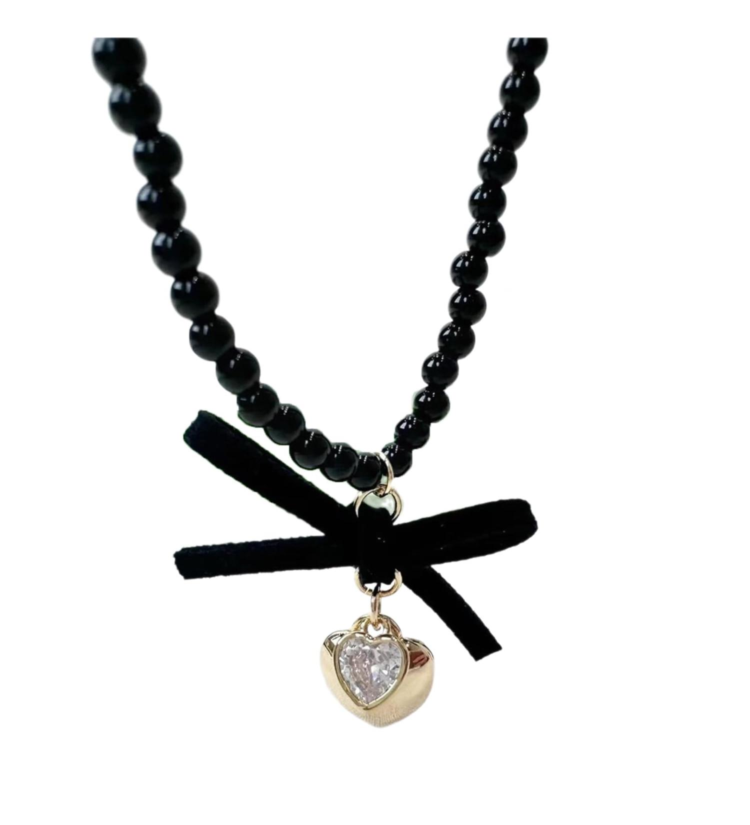 Oralgos Korean Fashion Loop Heart Pendant Pearl Necklace - Gothic Adjustable Collarbone Chain for Women - Aesthetic Jewelry in Resin Alloy - Buy Online on GoSupps.com