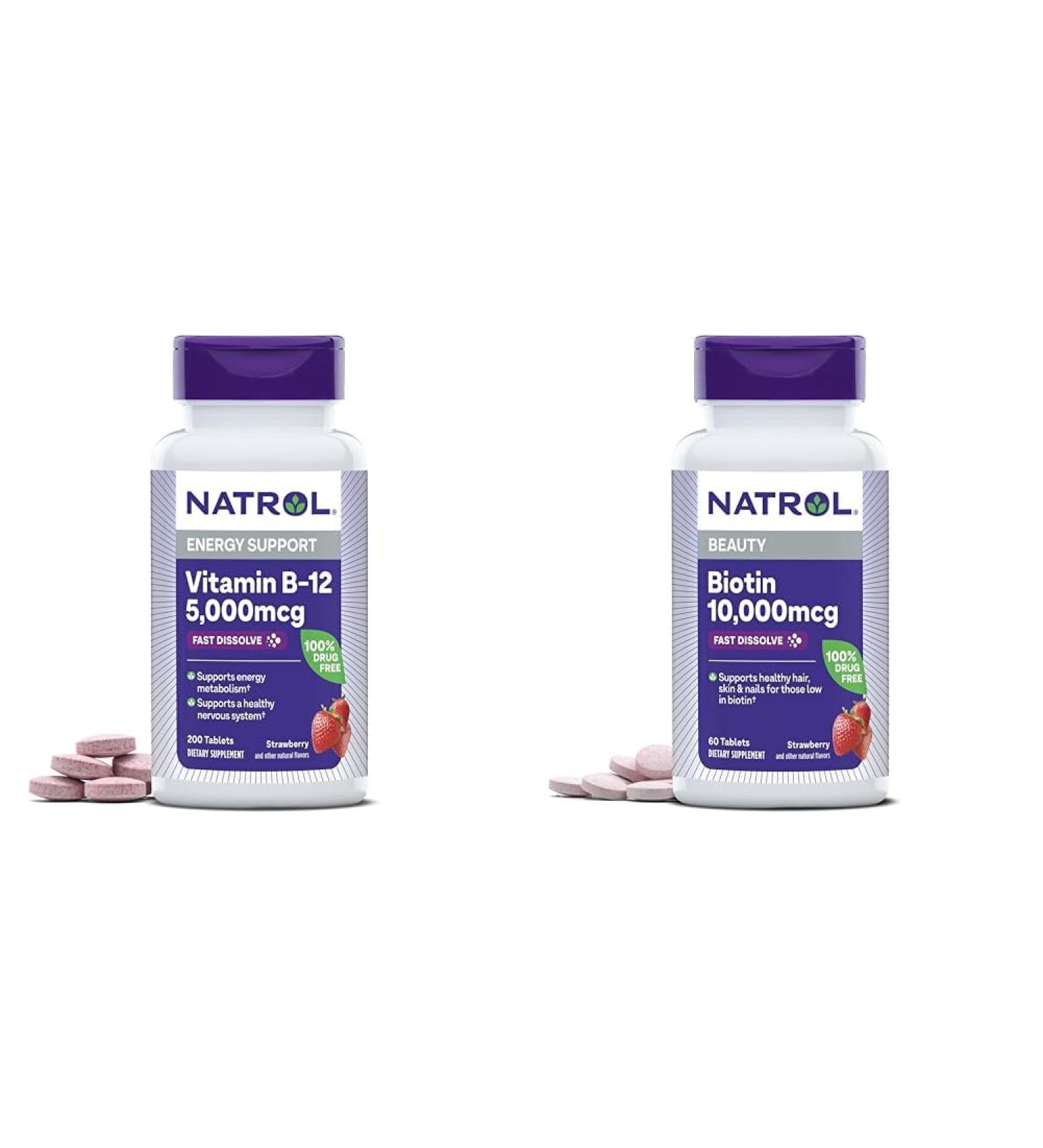 Natrol Vitamin B-12 5000mcg 200 Tablets & Biotin 10000mcg 60 Tablets for Cellular Energy Healthy Nervous System Hair Skin and Nails - Buy Online on GoSupps.com