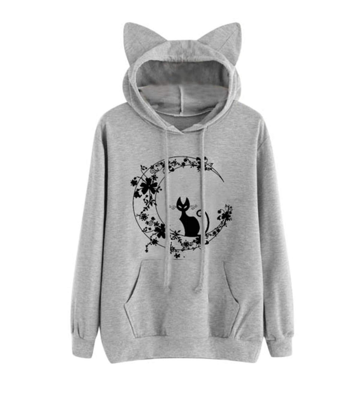 Bigfanshu Womens Cat Long Sleeve Hoodie Sweatshirt Hooded Pullover Tops Blouse with Ears Grey