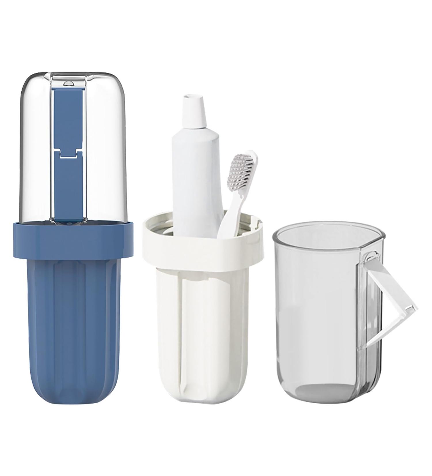 Dzmuero Toothbrush Etui - Portable 2-in-1 Travel Case & Storage | Blue & White Toothbrush Cup for Home & Travel - Buy Online on GoSupps.com