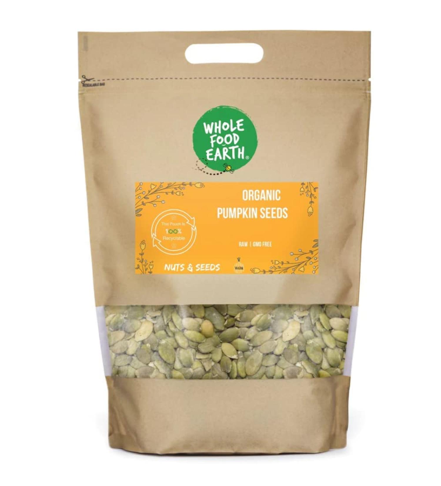 Wholefood Earth Organic Pumpkin Seeds 500g - Raw, GMO-Free, Vegan | High Fibre & Protein | Certified Organic - Buy Online on GoSupps.com