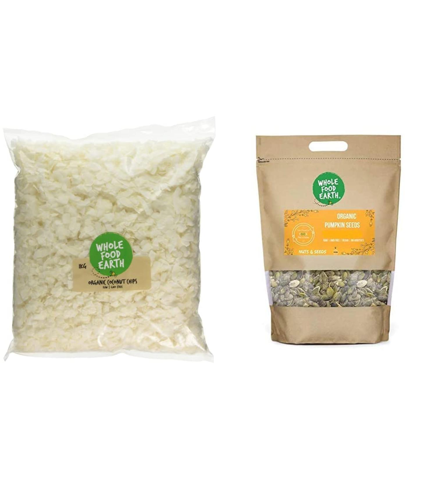 Wholefood Earth Organic Dried Coconut Chips 1 kg | Raw | Certified Organic & Organic Pumpkin Seeds 1kg Raw | GMO Free | Vegan | High Fibre | High Protein | Certified Organic + Pumpkin Seeds 1kg - Buy Online on GoSupps.com