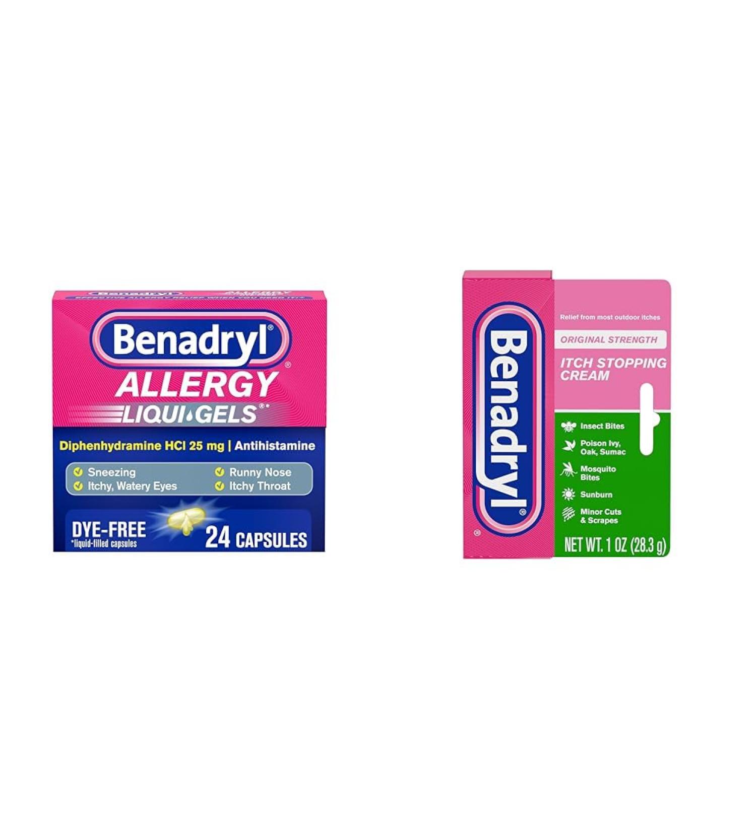 Benadryl Allergy Relief Liqui-Gels (24 ct) & Itch Stopping Cream (1 oz) for Outdoor Itch Relief - Buy Online on GoSupps.com