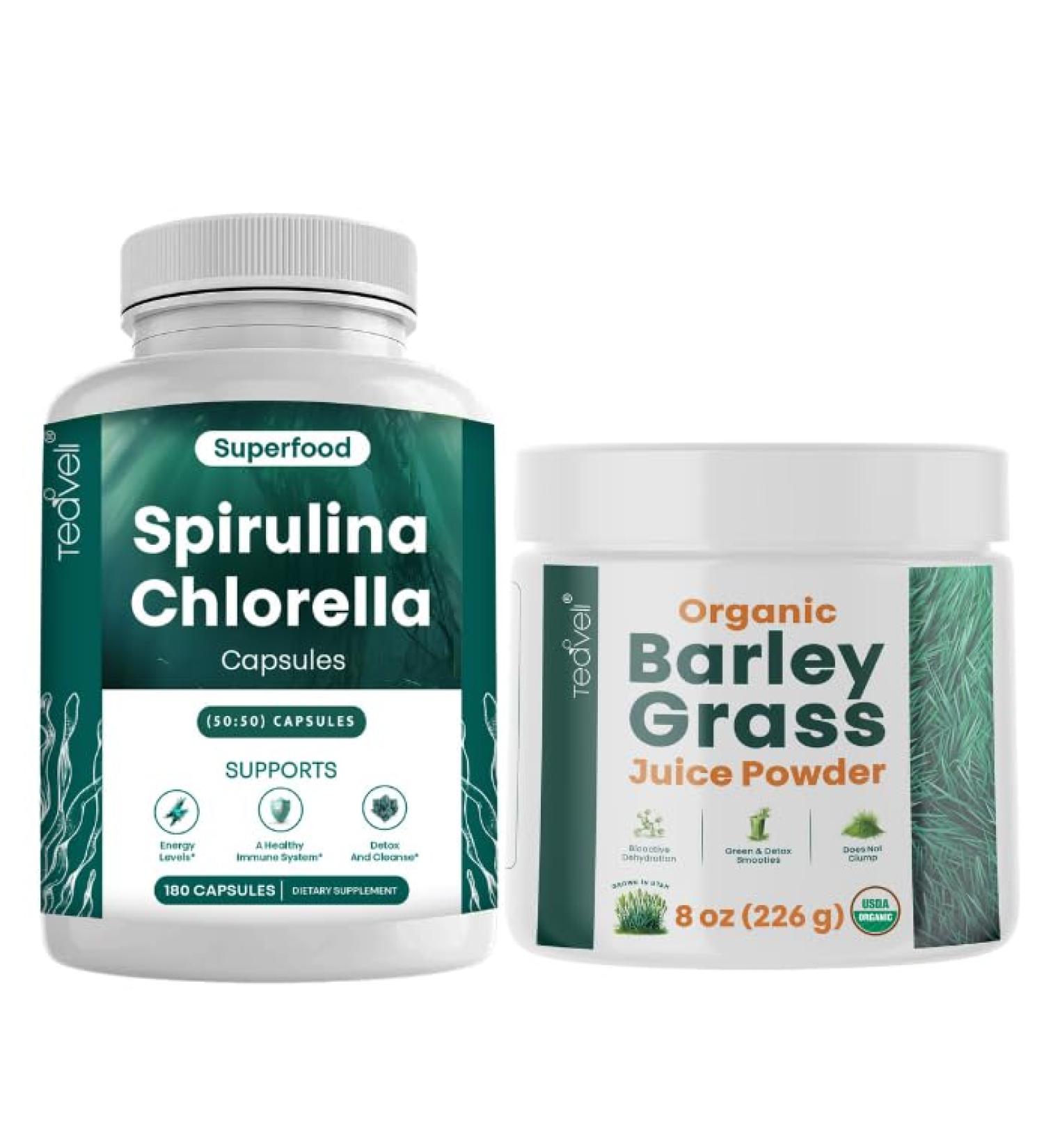 Teaveli Spirulina Chlorella Capsules and Barley Grass Juice Powder Bundle - Buy Online on GoSupps.com