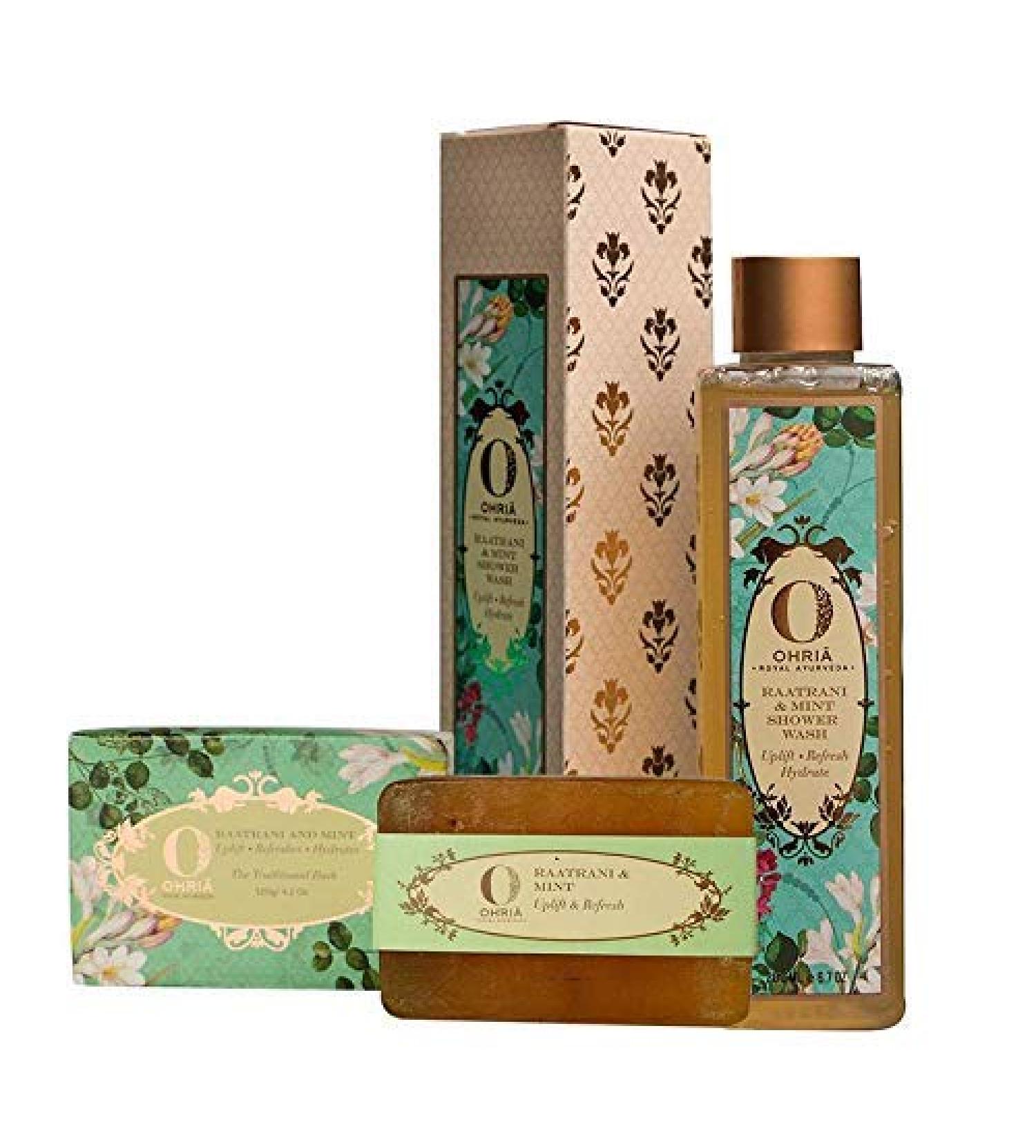 Ohria Ayurveda Raatrani & Mint Shower Wash (100 Ml) With Raatrani & Mint Bathing Bar Bath Soap For Hydrating Uplift & Refreshes Body - Buy Online on GoSupps.com