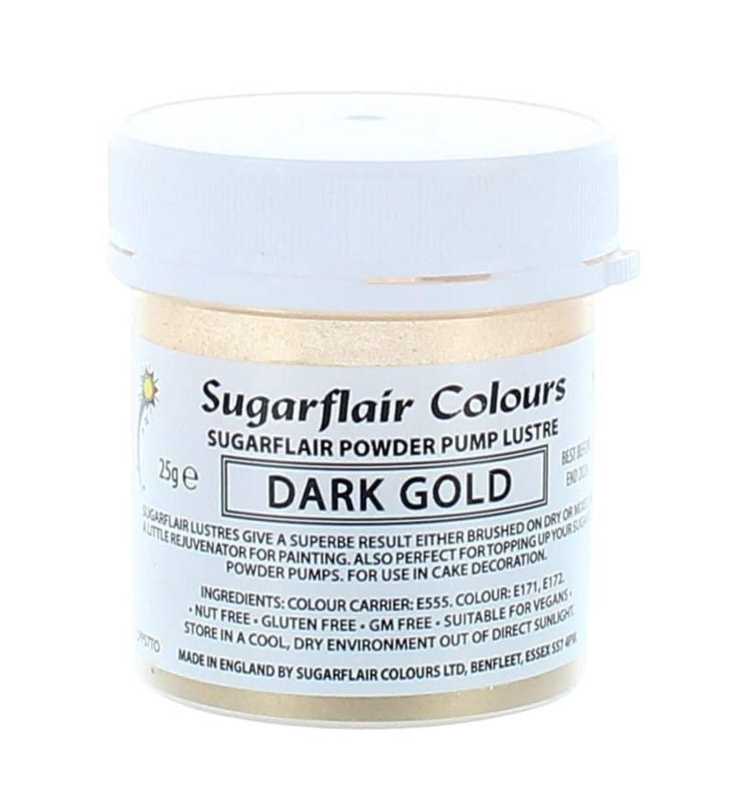 Sugarflair Colours Edible Power Pump Lustre - Dark Gold - Food Colouring Powder Edible Colour Dust Brush On Spray or Add Rejuvenator to Create Eye-Catching Paint Effect - 25g