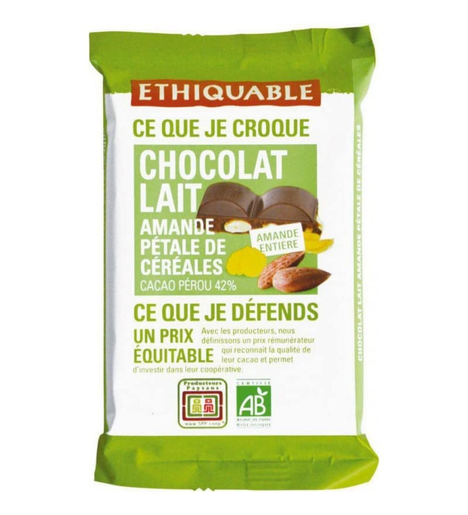 Milk chocolate 42% cocoa Whole almond Cereal petals - organic & fair trade