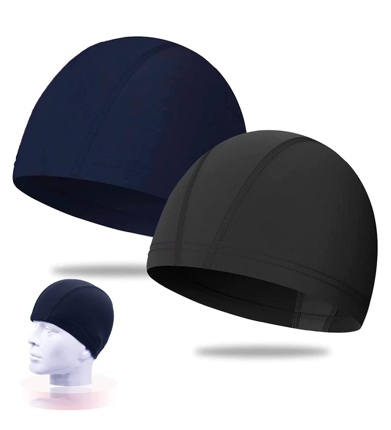 Buy 2-Pack Elastic Bath Caps for Adults | Comfortable Unisex Swimming Caps with Ear Protection - Dark Blue & Black - Buy Online on GoSupps.com