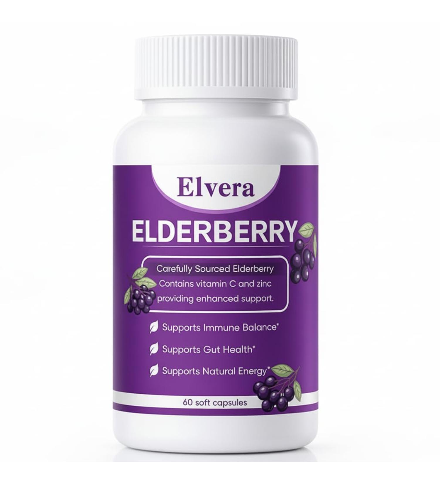 FQMUEV Elvera Gut Support Complex - Organic Black Elderberry Soft Capsules - 1200mg Elderberry Extract Vitamin C Zinc Daily Immune & Gut Support | Vegan Non-GMO | 60 Softgels (1) - Buy Online on GoSupps.com