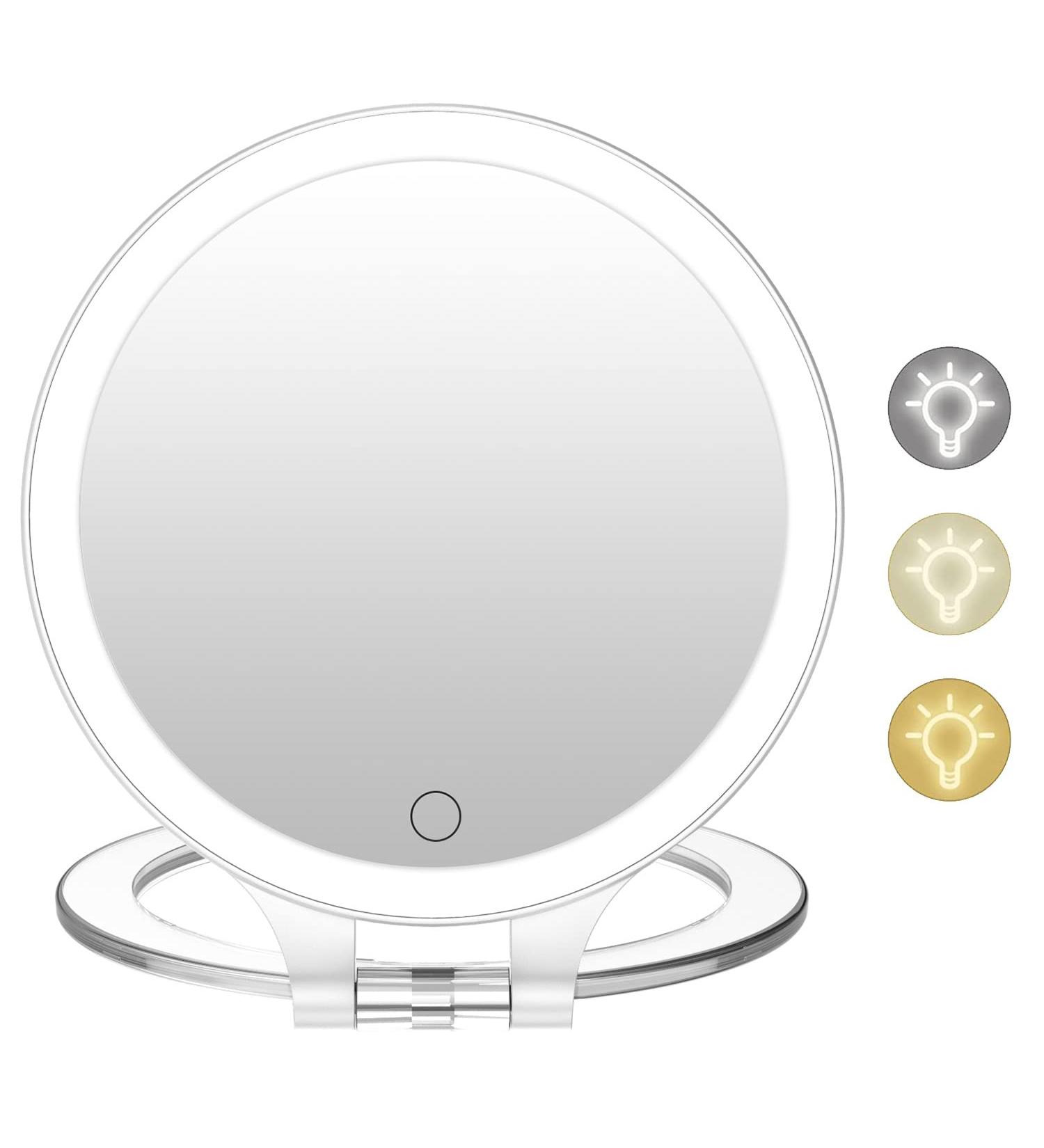 10X 1X Double Sided Magnifying Makeup Vanity Mirror | Rechargeable Lighted Mirror with 3 Color Settings | Adjustable Rotation LED Desk Mirror - White - Buy Online on GoSupps.com