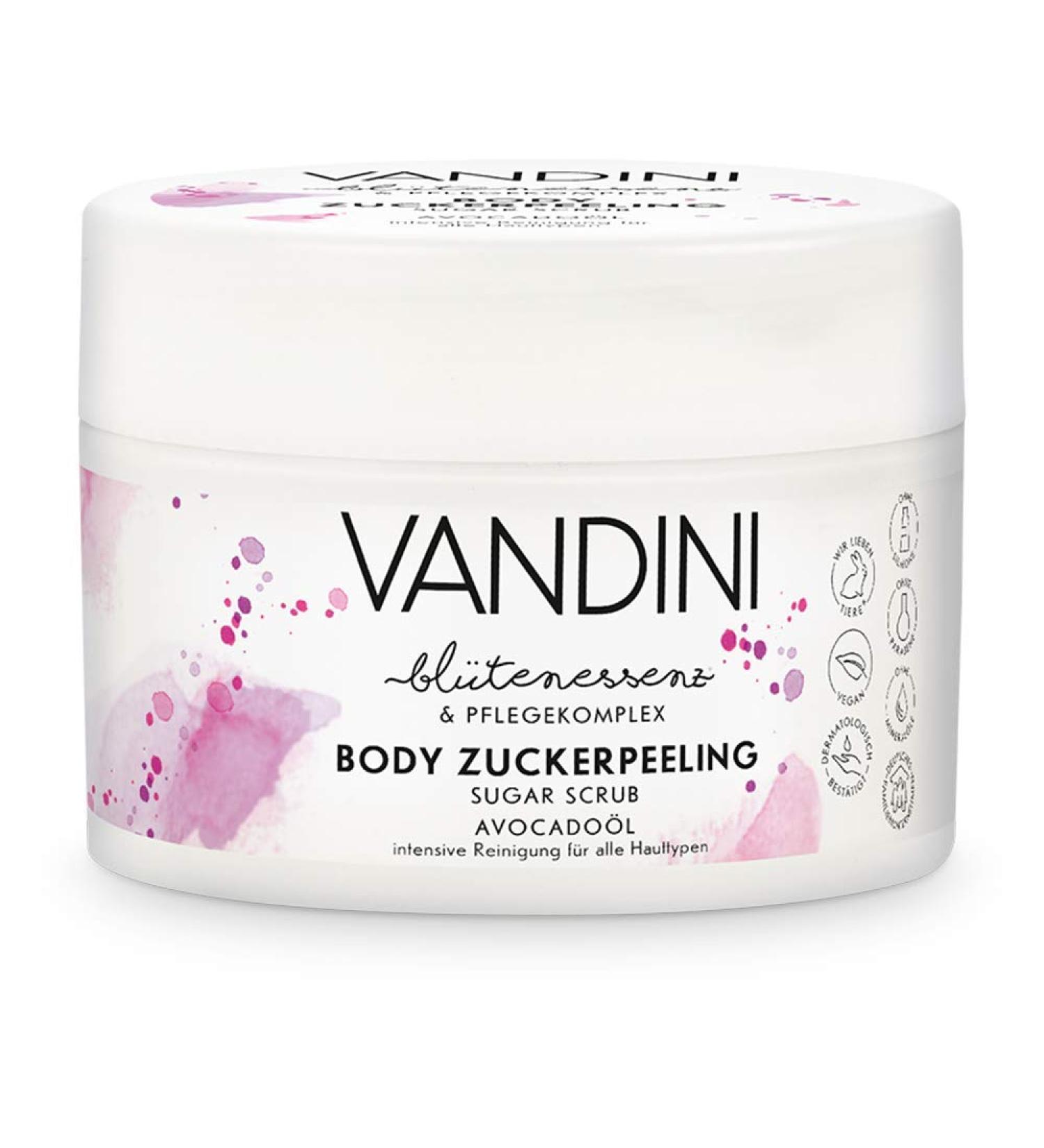 Vandini body sugar peeling - body peeling women with avocado oil for all skin types - vegan body peeling for women without silicones parabens & mineral oil - shower peeling (1x 220 g) 1 piece