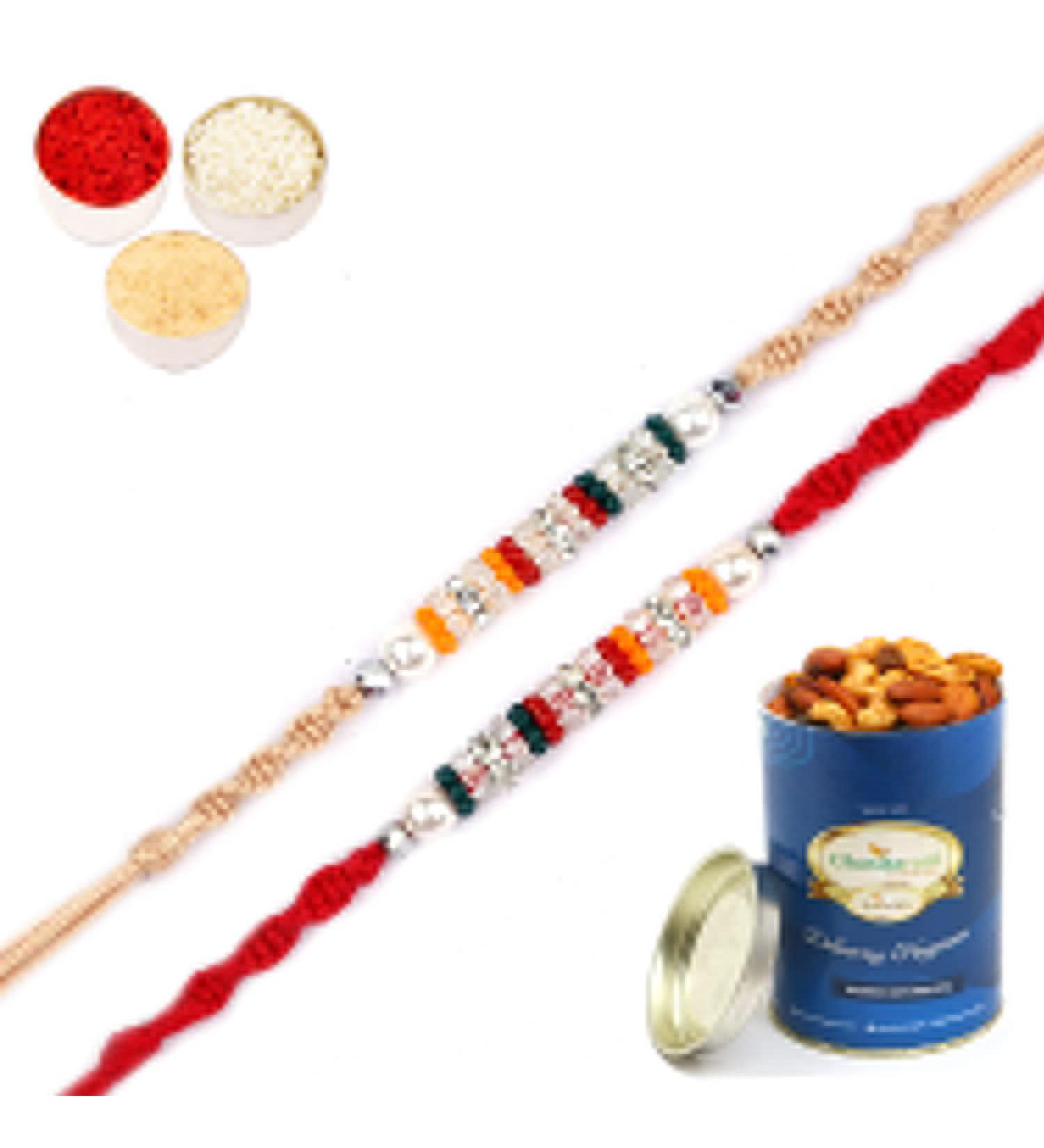 Ghasitaram Gifts Rakhi for Brother Rakhis Online - Set of 2-Nbh240 Rakhis with 100 GMS of Dryfruits Mix Can Rakhi with 100 gms of Dryfruits Mix Can - Buy Online on GoSupps.com