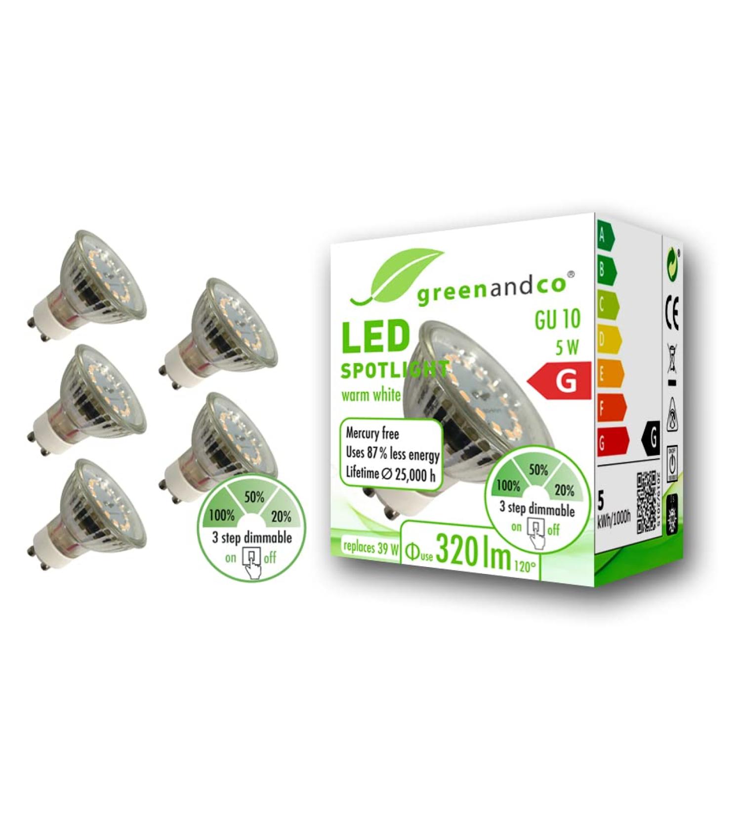 Buy Greenandco 5x CRI 90+ GU10 Dimmable LED Spots - 5W Warm White 3000K Flicker-Free 320 lm 110 Beam Angle 2 Year Warranty International Shipping - Buy Online on GoSupps.com