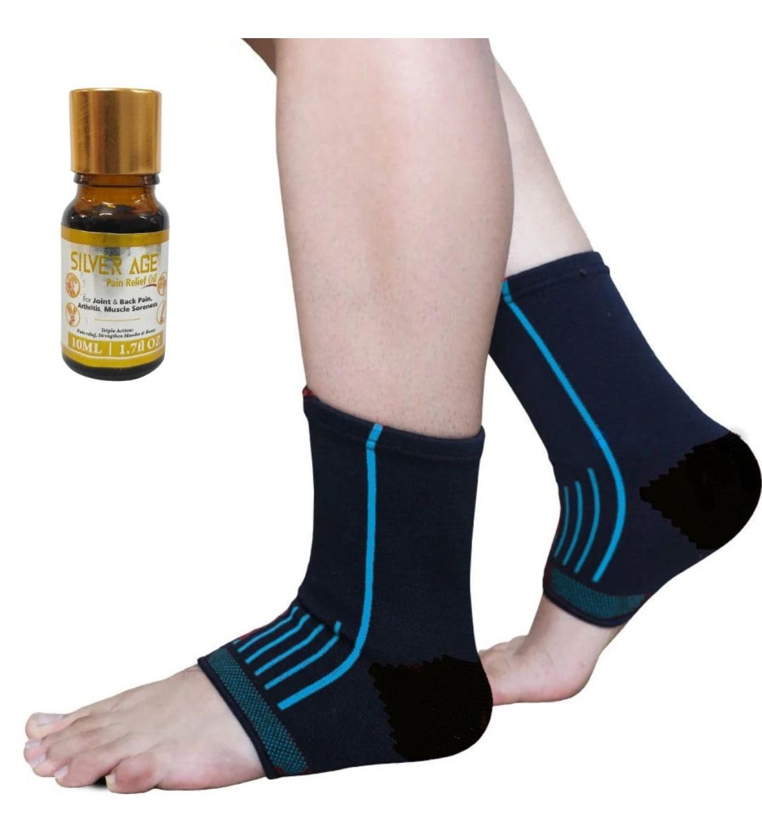 SilverAge Ankle Support Compression Brace - Neoprene Foot Support for Men & Women | Pain Relief & Recovery | Large (Free 10ml Oil - Buy Online on GoSupps.com