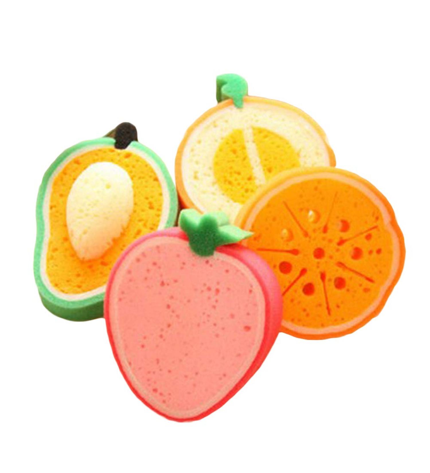 4pcs Cute Fruit Shaped Shower Sponge Set for Kids - Mango, Honey-Dew Melon, Orange, Strawberry - Buy Online on GoSupps.com