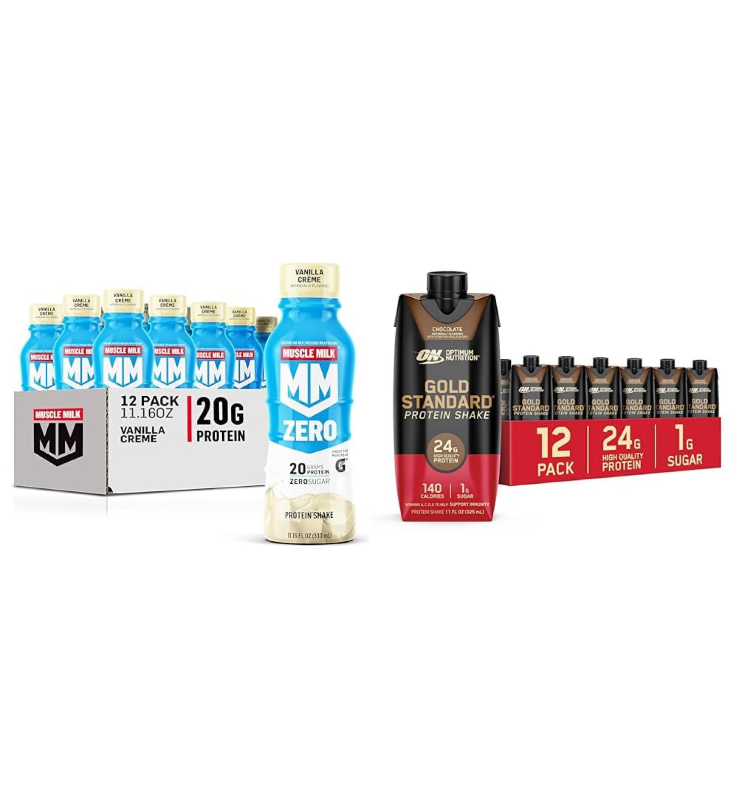 Muscle Milk Zero Protein Shake Vanilla Cr me 20g Protein 100 Cal 12 Pack & Optimum Nutrition Gold Standard Protein Shake Chocolate 24g Protein 11 Fl Oz 12 Count - Buy Online on GoSupps.com