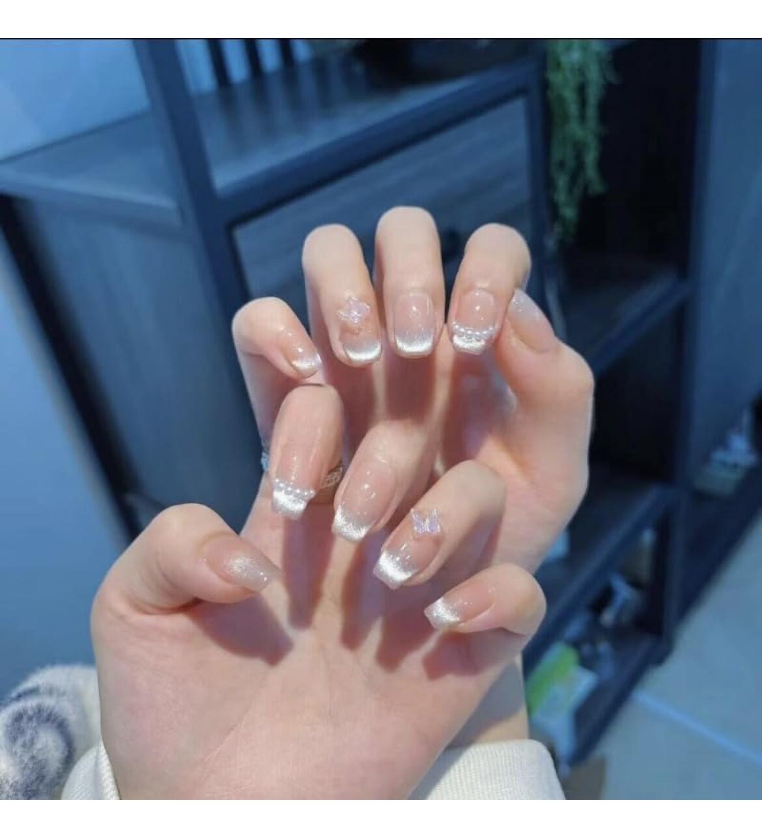 Handmade Phototherapy Wearing Nail Butterfly Cat Eye Nail Patch Reusable False Nails(Short pink XS) - Buy Online on GoSupps.com