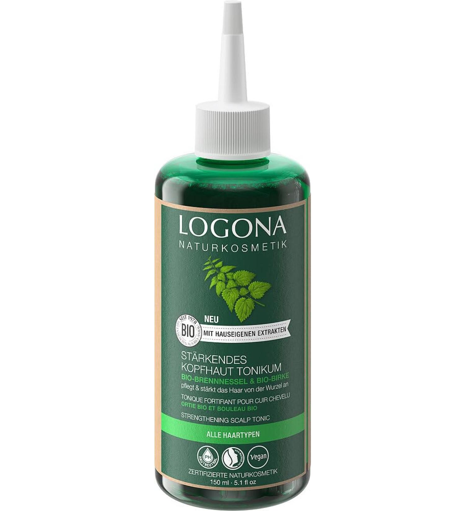 Logona strengthening scalp tonic scalp treatment for strengthened and healthy growing hair roots organic burning nettle and organic birch leaf vegan formula 1 x 150 ml