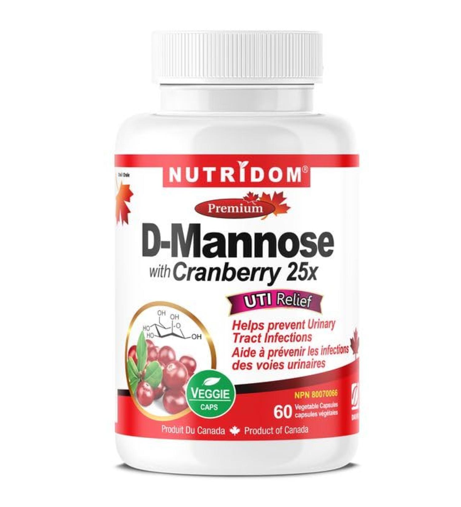 Nutridom D-Mannose 500mg with Cranberry 25x 200mg (5 000mg QCE) UTIs Relief Helps Prevent Urinary Tract Infections Non-GMO Vegan Gluten Free (60 Veggie Capsules) - Buy Online on GoSupps.com