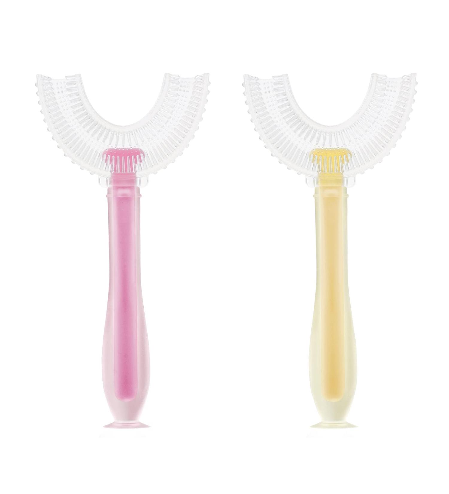 Vicloon U Shaped Toothbrush Set of 2 for Children (7-12 Years) - Soft Silicone Brush Head - Yellow/Pink - Buy Online on GoSupps.com