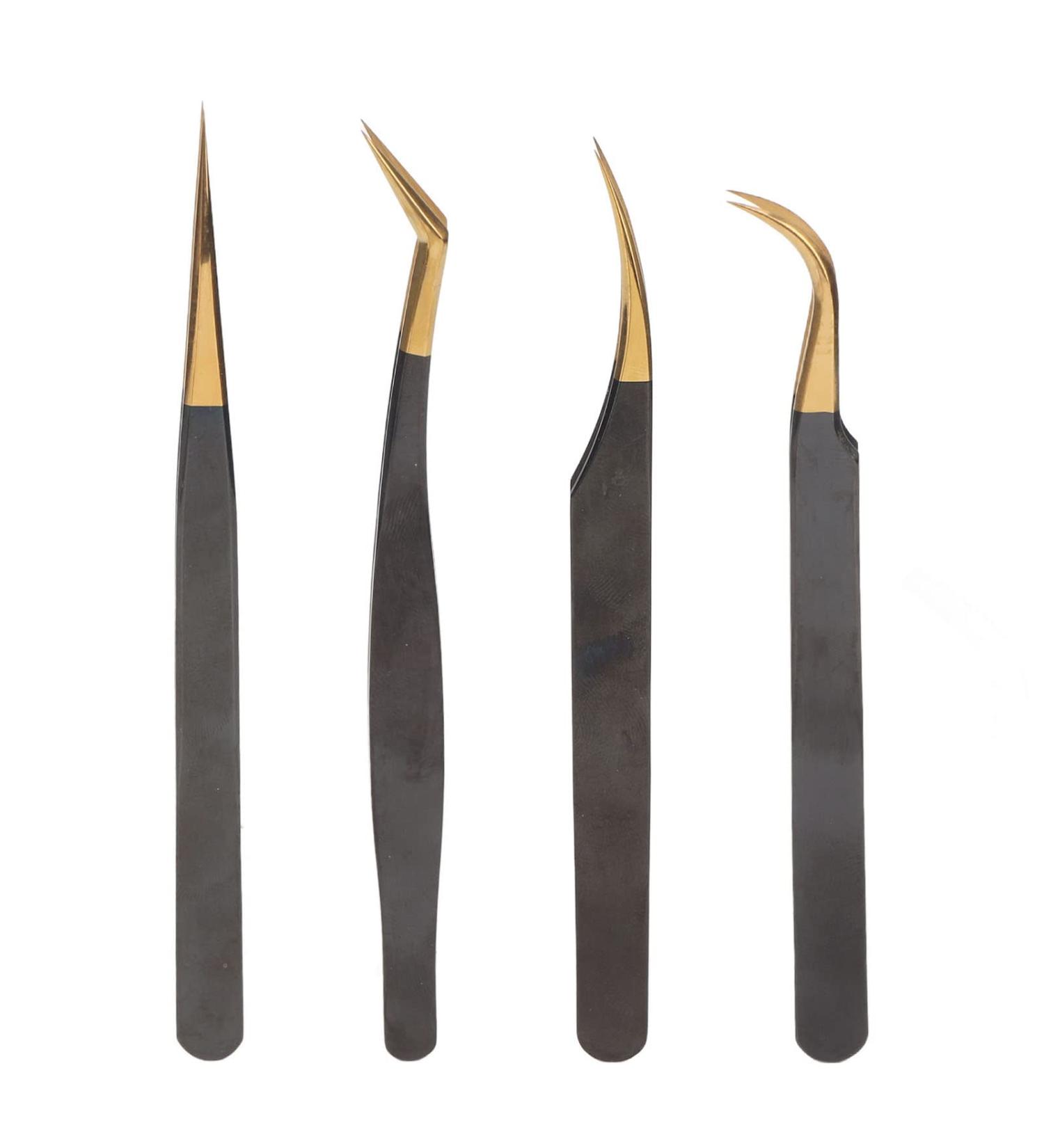 4-Part Eyelash Extension Tweezers Set | Curved & Straight Stainless Steel Applicators for False Eyelashes & Nail Art | Antistatic Beauty Tools - Buy Online on GoSupps.com
